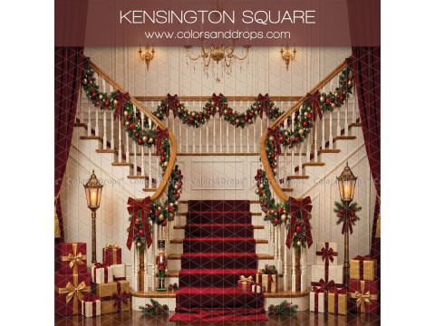 Fond photo latéral de Noël Kensington Square – double escalier blanc avec guirlandes en vue resserrée | Colors&Drops