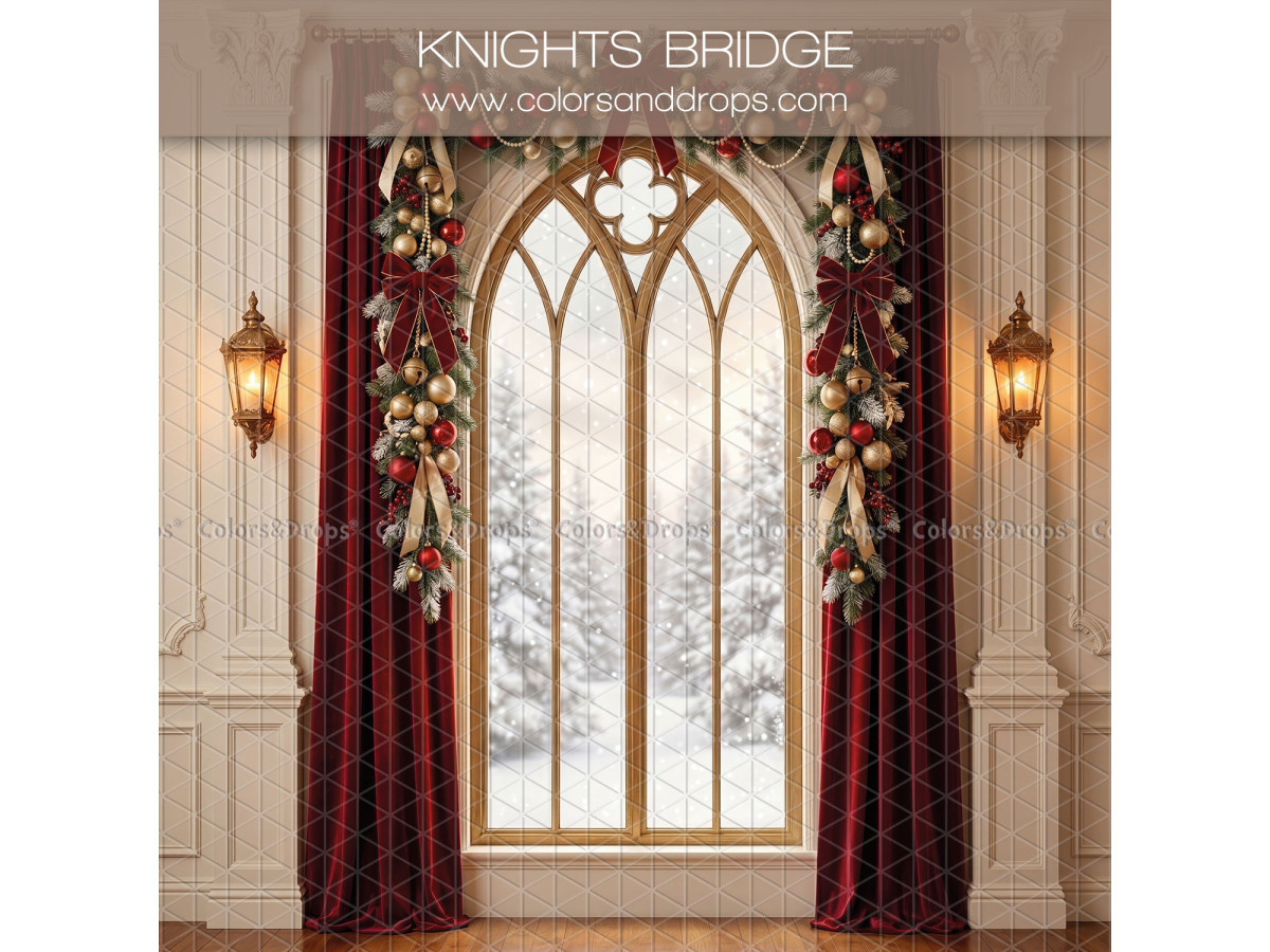 Fond photo latéral de Noël Knights Bridge – fenêtre gothique enneigée avec rideaux bordeaux | Colors&Drops