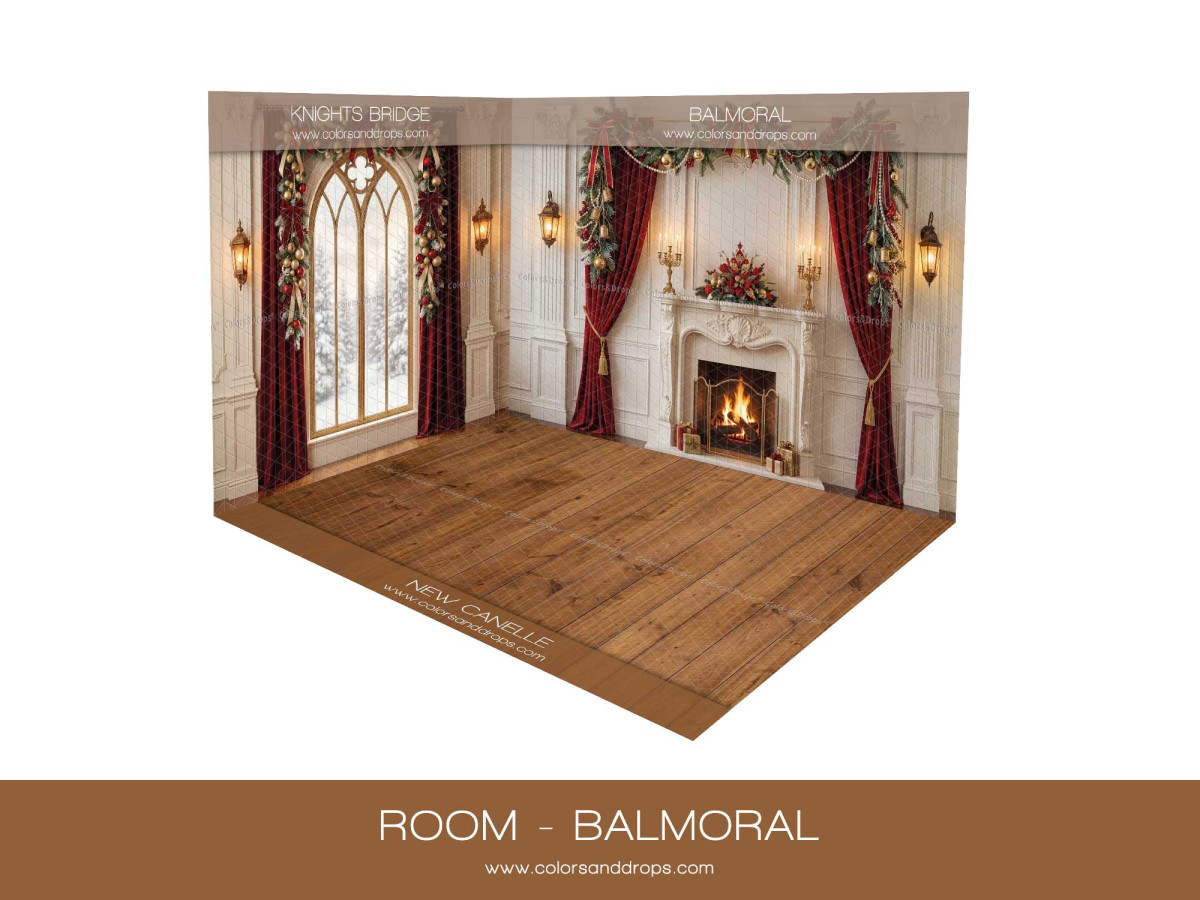 Fond photo d'angle de Noël Balmoral – salon de Noël classique en coin avec parquet | Colors&Drops