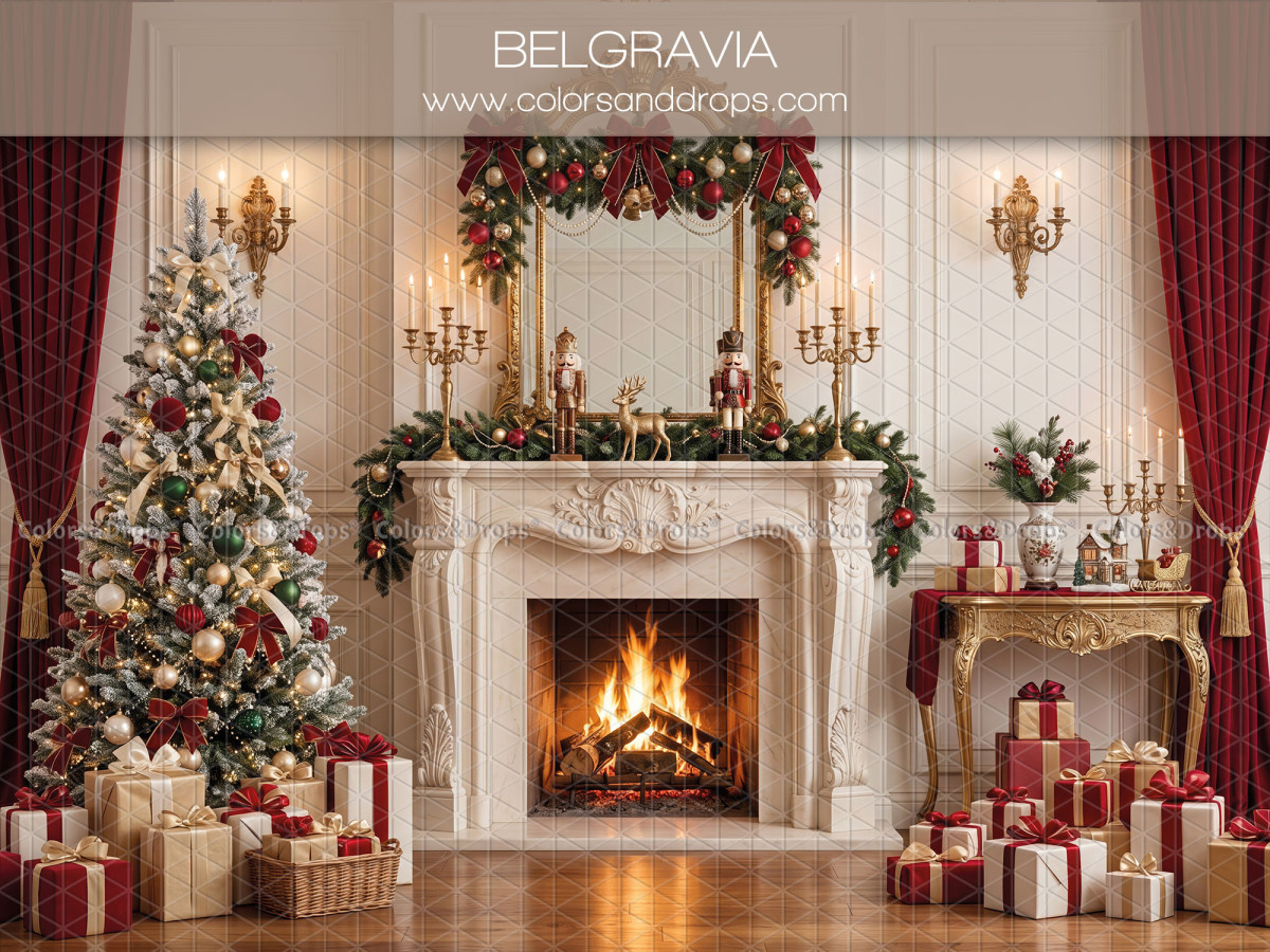 Christmas photo backdrop Belgravia – white fireplace with mirror, tree and gifts | Colors&Drops