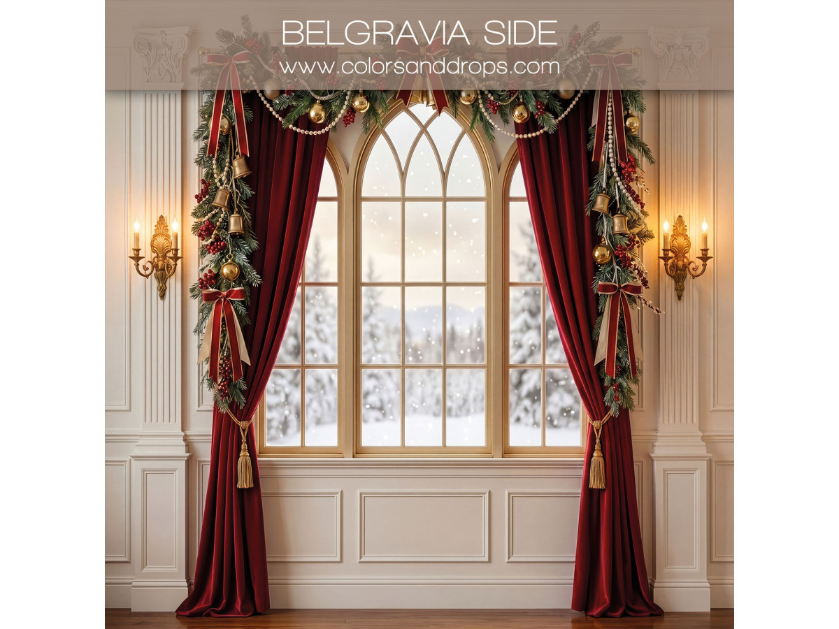 Fondo fotográfico lateral de Navidad Belgravia Side – ventana en arco nevada con cortinas | Colors&Drops