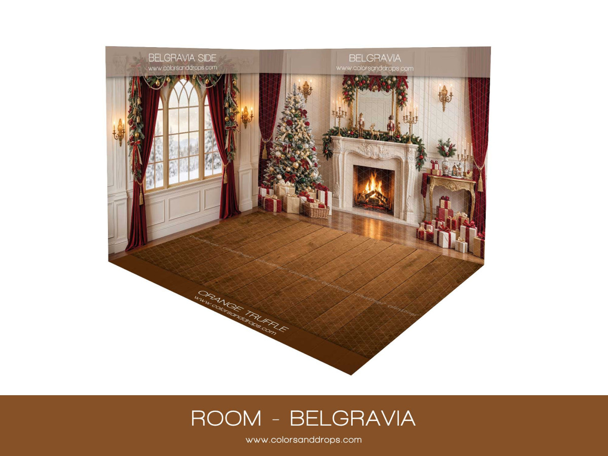 Fondo fotográfico de esquina de Navidad Belgravia – salón navideño elegante en esquina con parquet | Colors&Drops