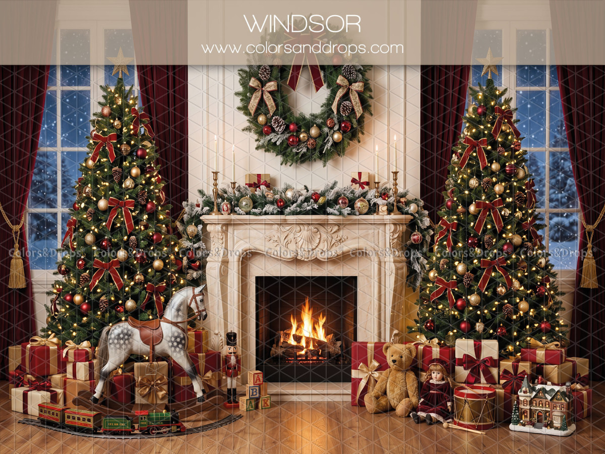 Christmas photo backdrop Windsor – Christmas fireplace between two trees and rocking horse | Colors&Drops