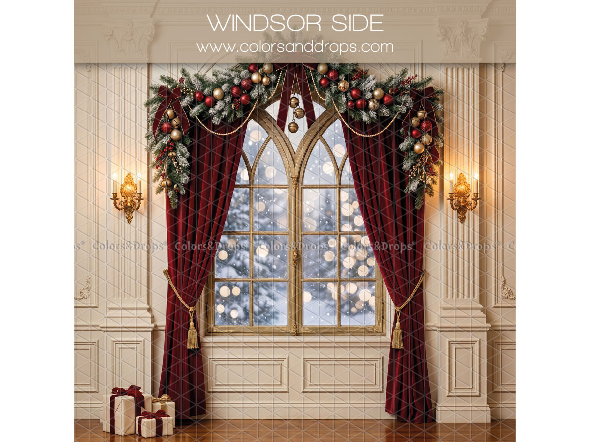Fondo fotográfico lateral de Navidad Windsor Side – ventana gótica nevada con guirnalda | Colors&Drops