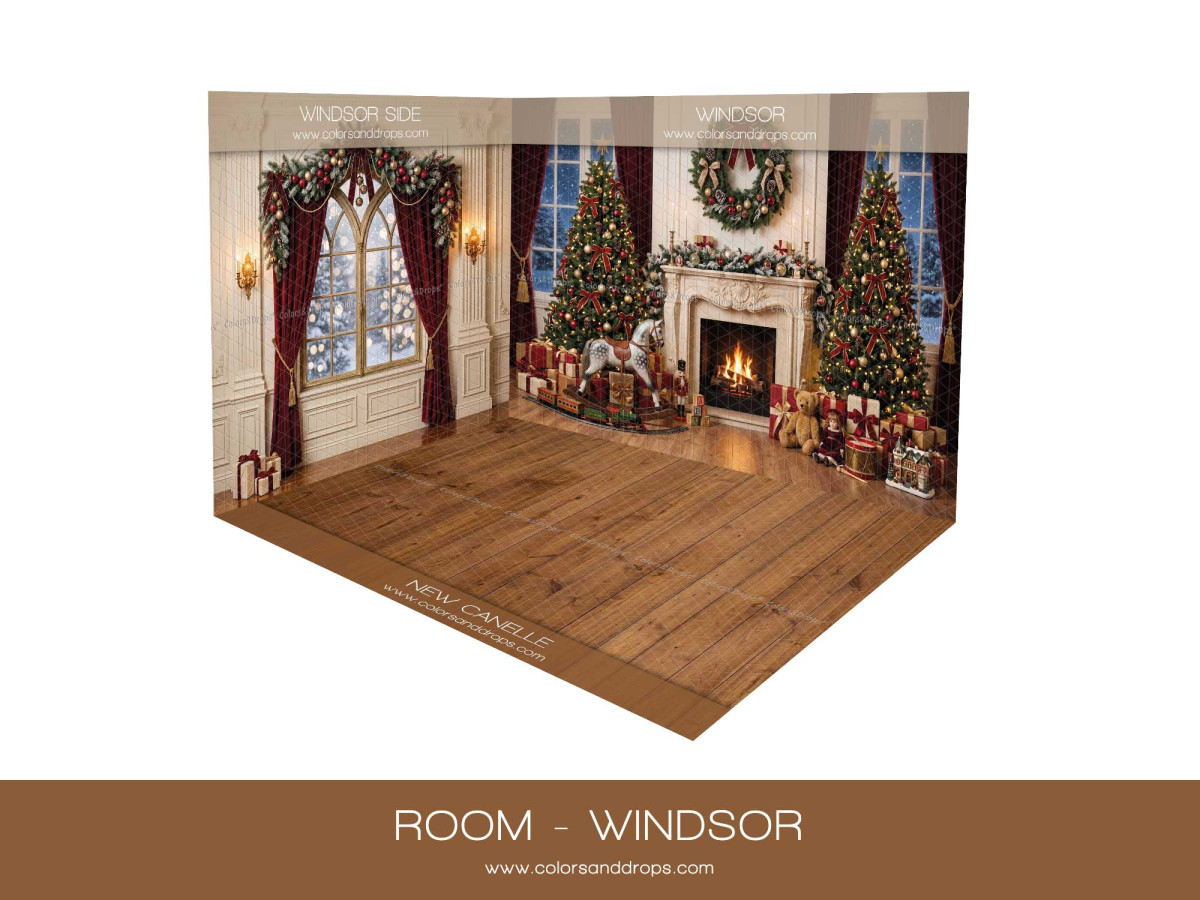Fond photo d'angle de Noël Windsor – salon de Noël avec cheminée en coin et parquet | Colors&Drops