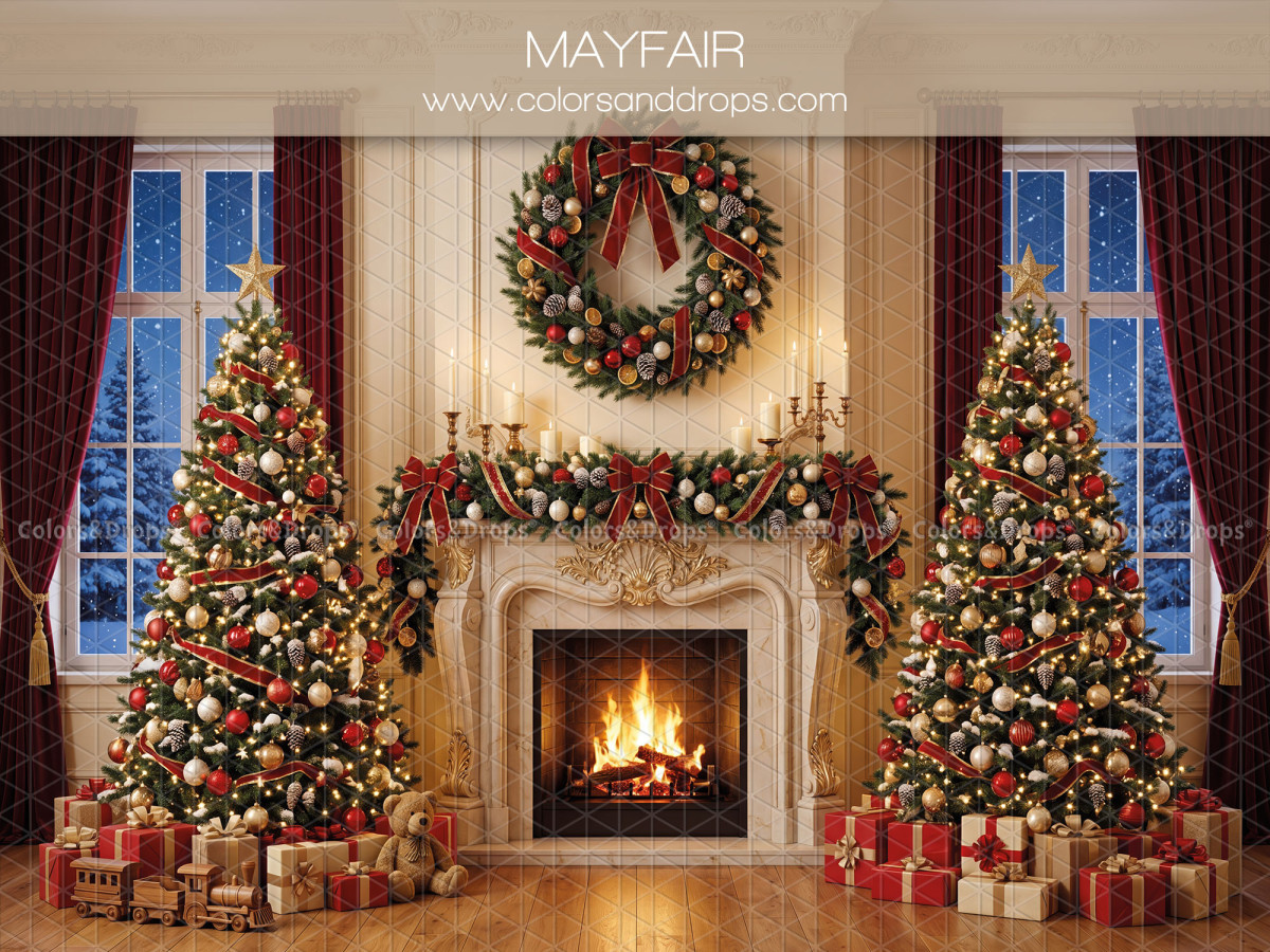 Fondo fotográfico de Navidad Mayfair – chimenea navideña con corona y dos árboles | Colors&Drops
