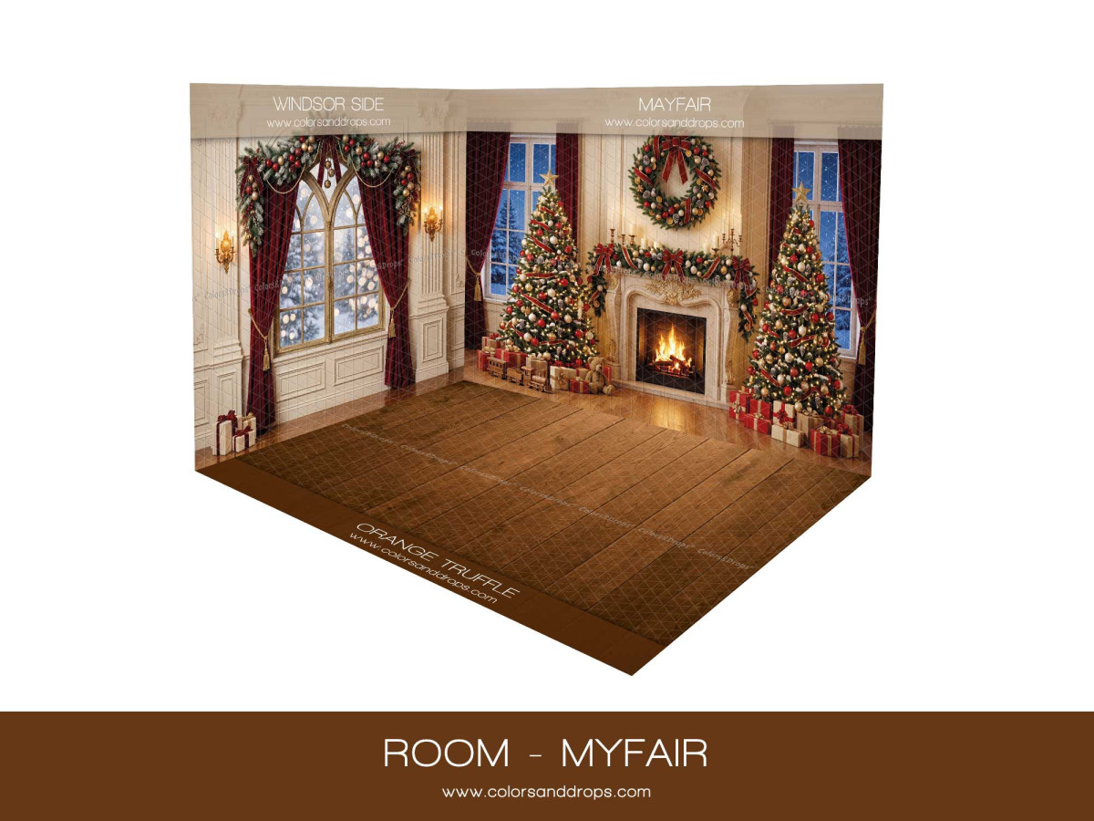 Fond photo d'angle de Noël Mayfair – salon de Noël Mayfair en coin avec parquet | Colors&Drops