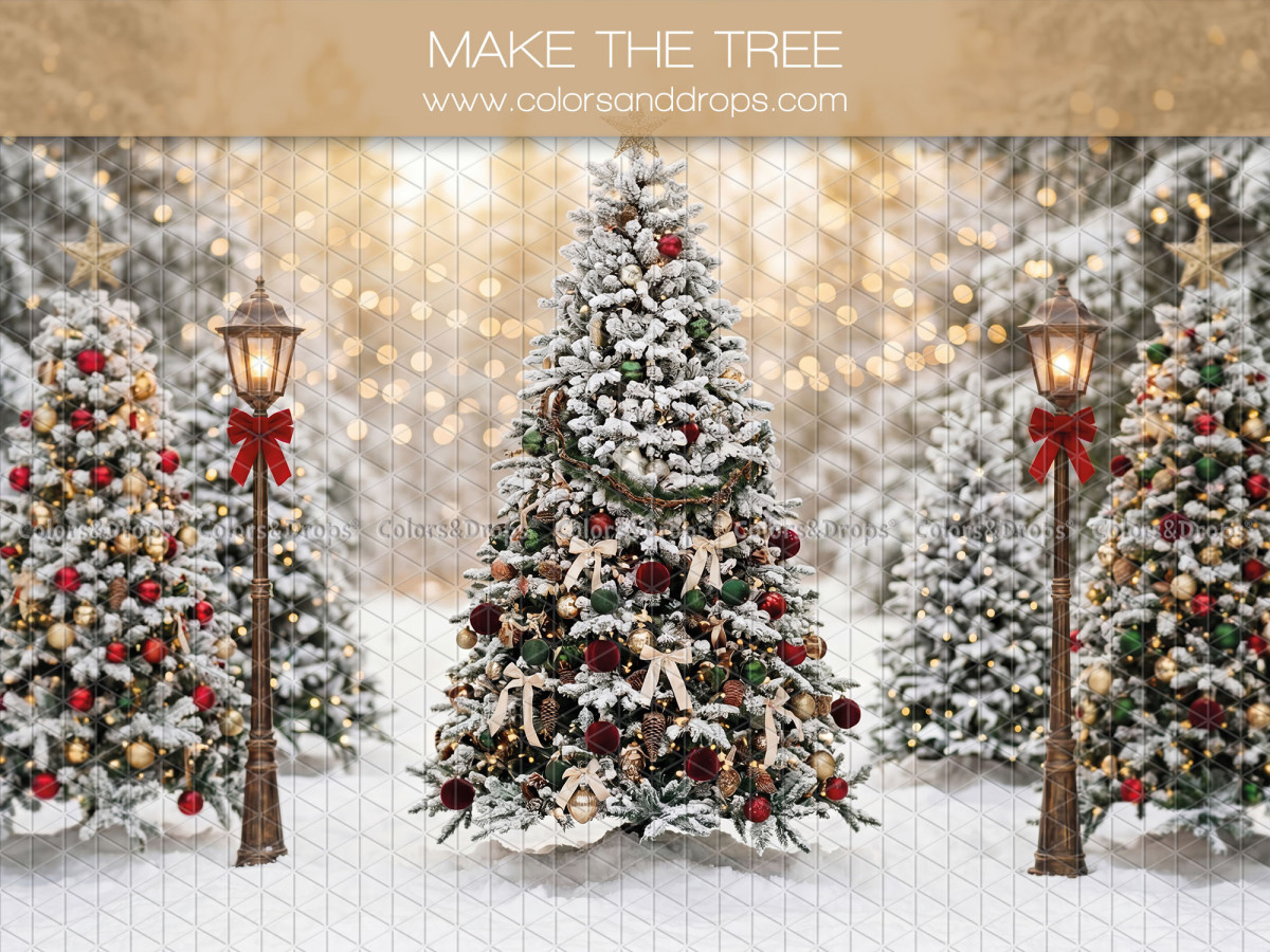 Fond photo de Noël Make the Tree – forêt enneigée avec grand sapin et lampadaires | Colors&Drops