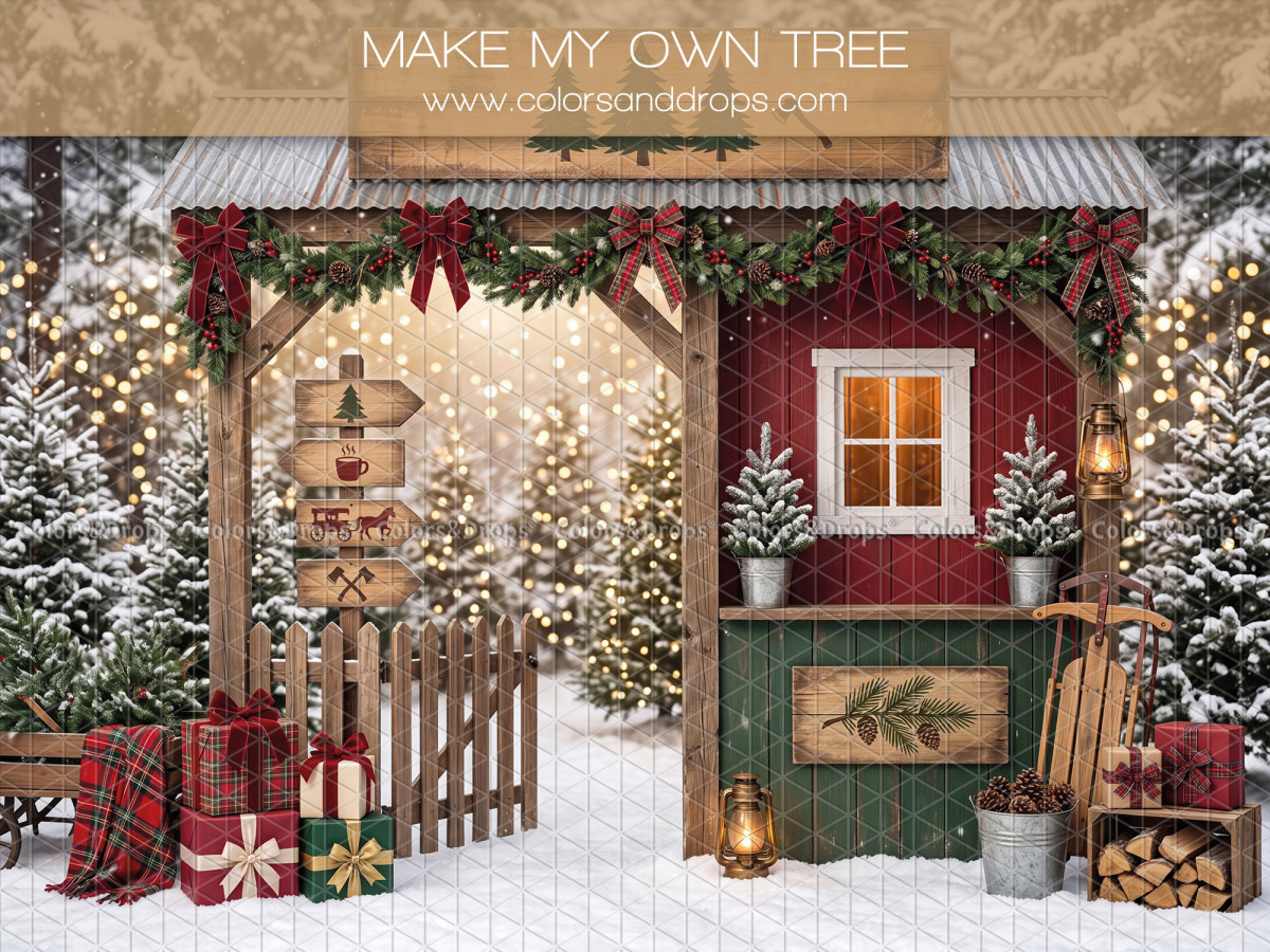 Fond photo de Noël Make My Own Tree – stand de vente de sapins rouge avec panneaux | Colors&Drops