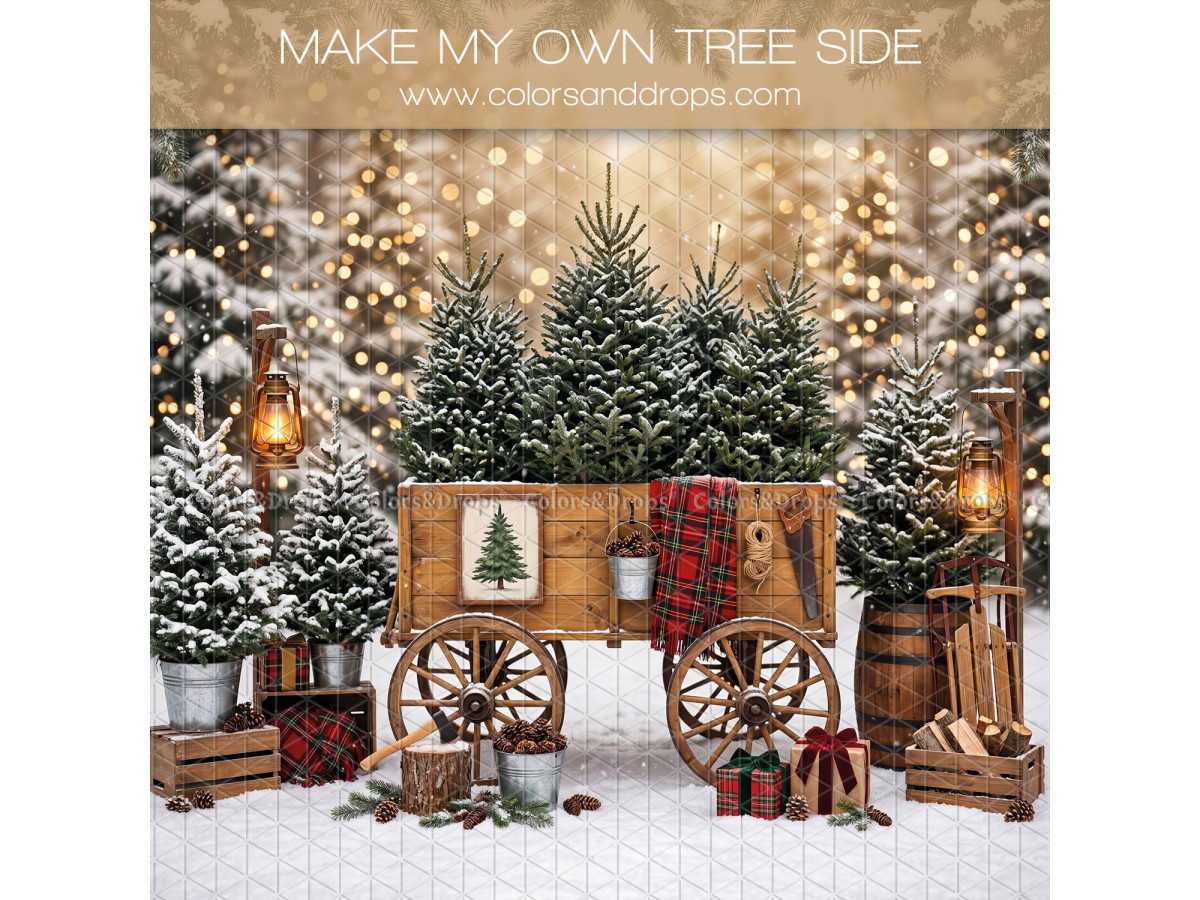 Christmas side photo backdrop Make Own Tree Side – Christmas tree cart in snowy forest | Colors&Drops