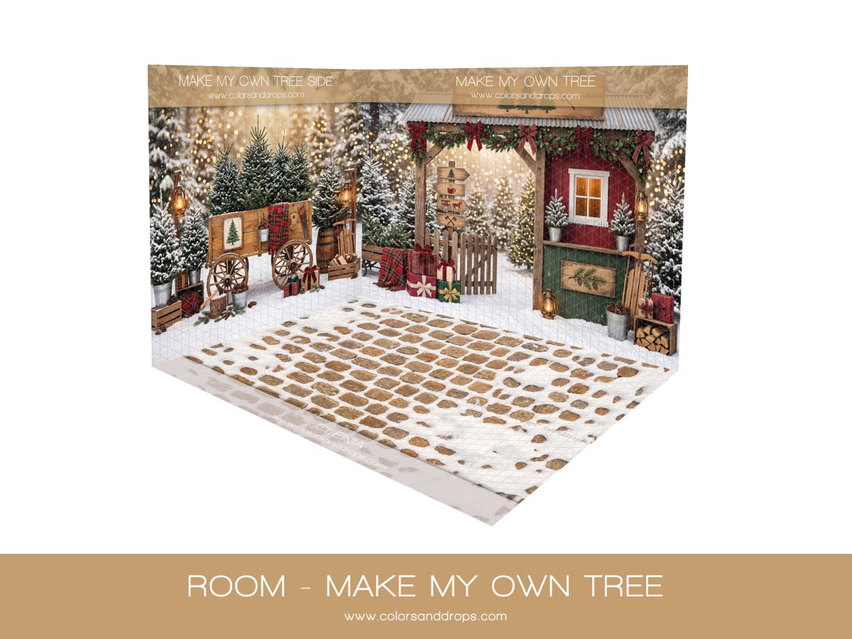Fond photo d'angle de Noël Make My Own Tree – vente de sapins enneigée en coin avec sol pavé | Colors&Drops