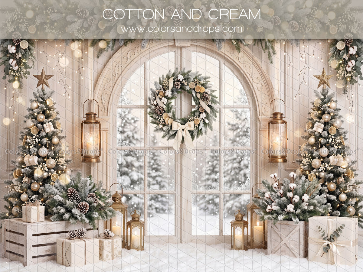 Fondo fotográfico de Navidad Cotton and Cream – puerta ventana en arco nevada con corona y árboles | Colors&Drops
