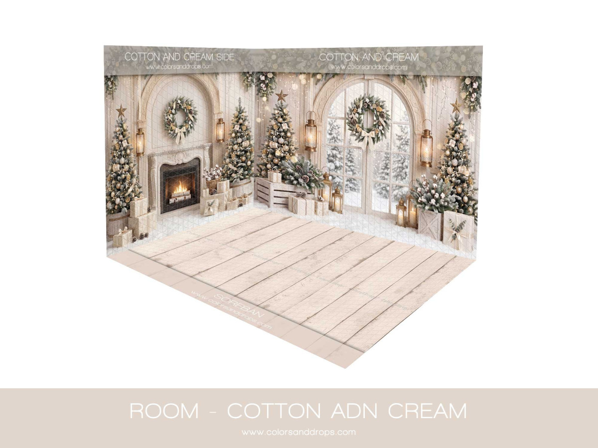 Fond photo d'angle de Noël Cotton and Cream – salon de Noël crème en coin avec parquet clair | Colors&Drops