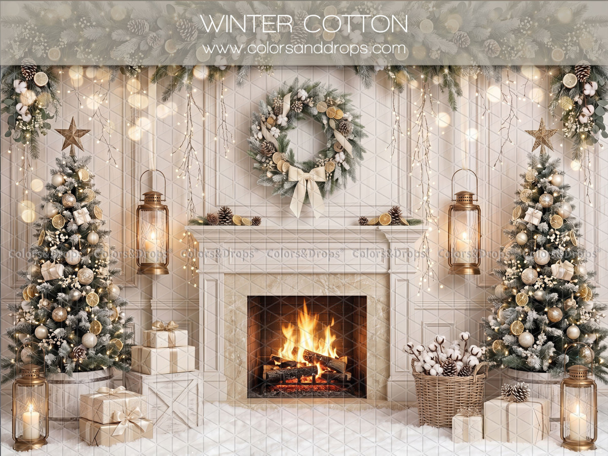 Christmas photo backdrop Winter Cotton – cream fireplace with wreath, trees and lanterns | Colors&Drops