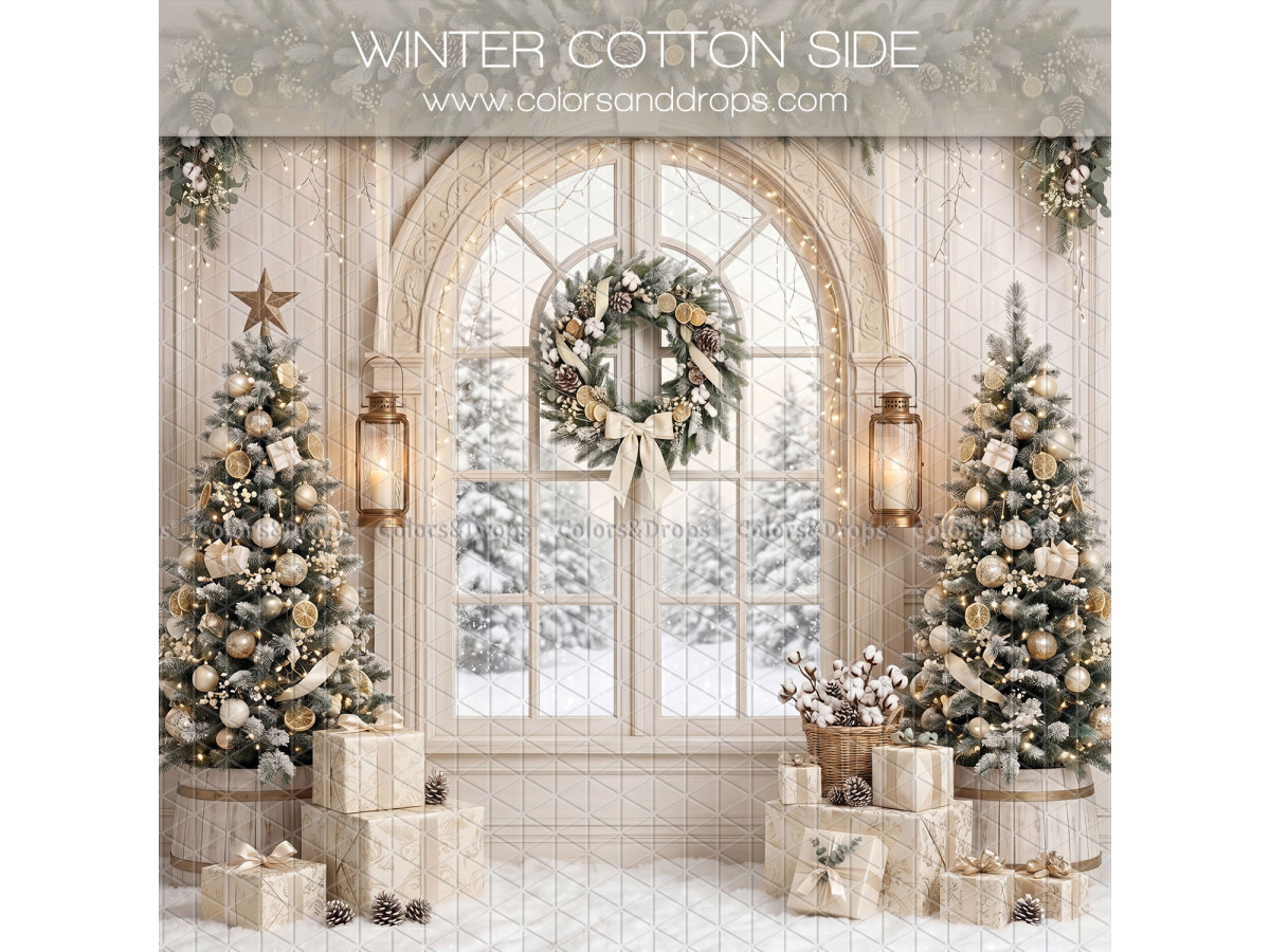 Fond photo latéral de Noël Winter Cotton Side – fenêtre cintrée enneigée avec couronne | Colors&Drops