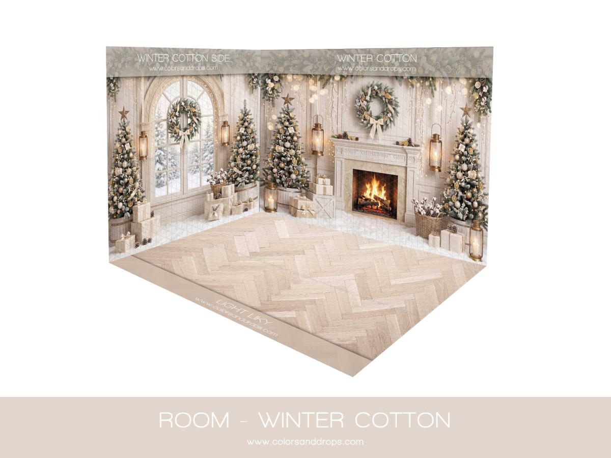 Christmas corner photo backdrop Winter Cotton – cream Christmas room with herringbone floor | Colors&Drops