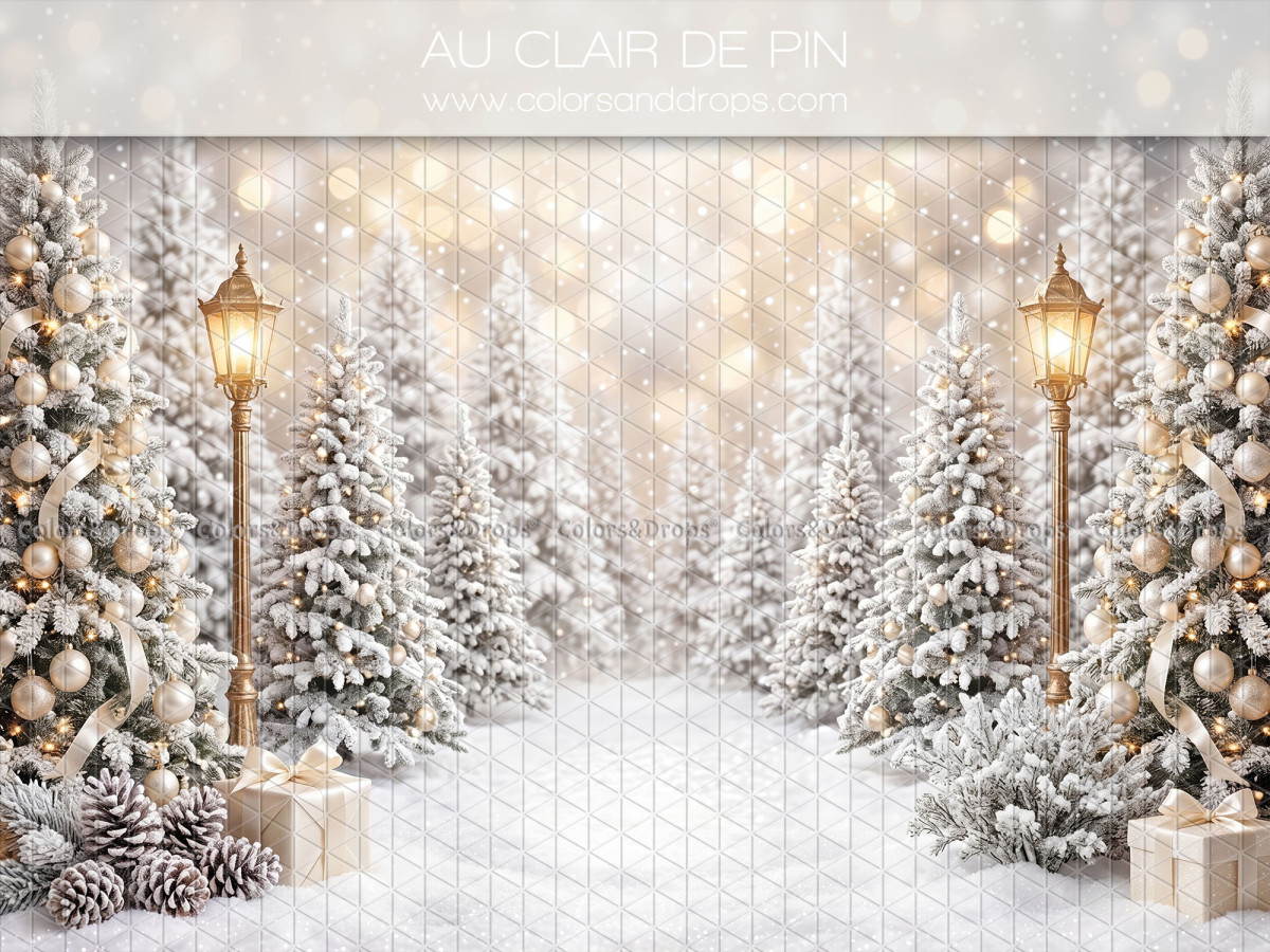 Fond photo de Noël Au Clair de Pin – allée de sapins enneigés avec lampadaires et pommes de pin | Colors&Drops