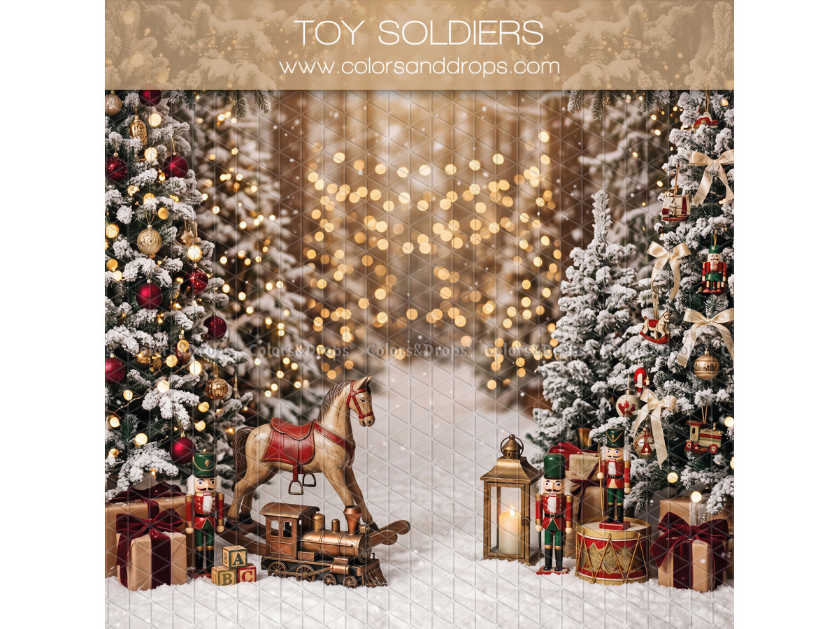 Christmas side photo backdrop Toy Soldiers – fir forest with rocking horse and toy soldiers | Colors&Drops