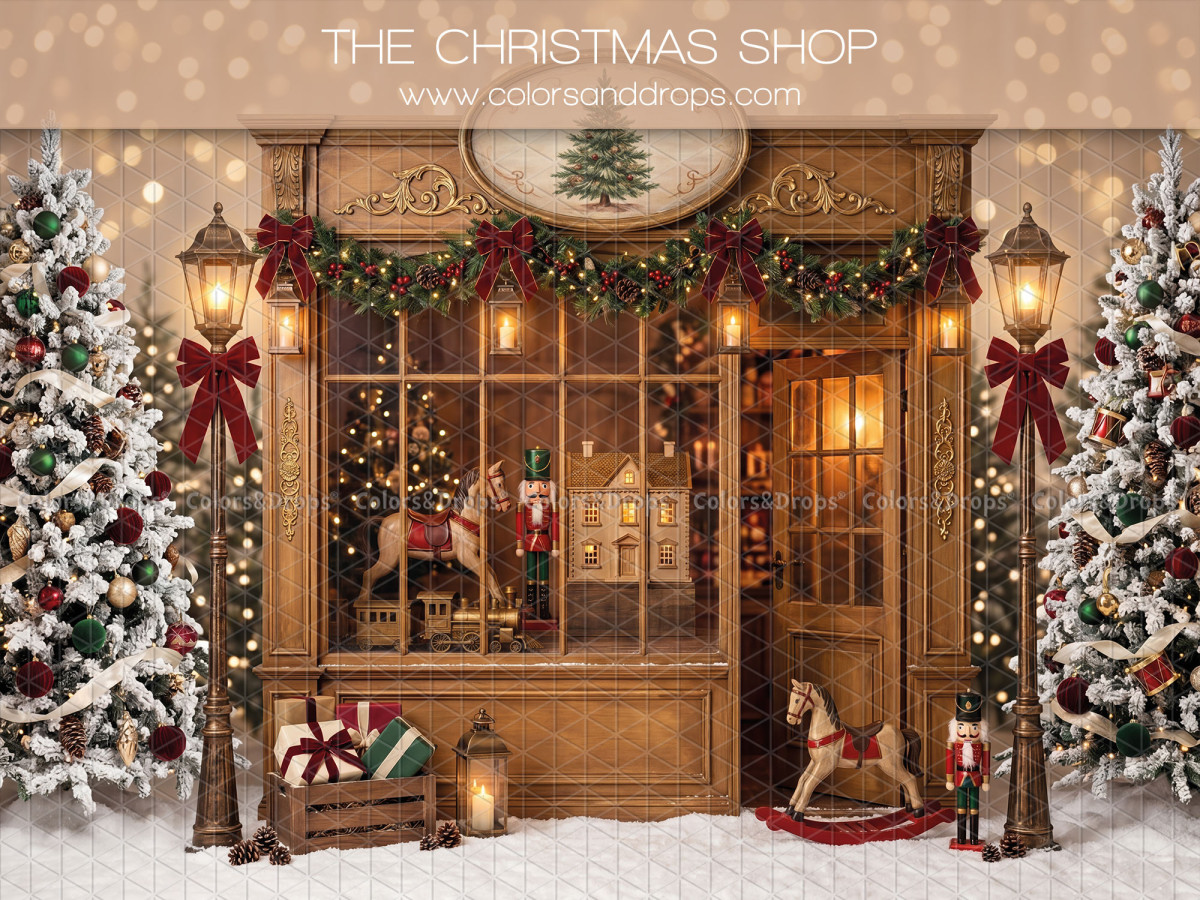 Fond photo de Noël The Christmas Shop – vitrine de boutique de Noël avec lampadaires | Colors&Drops