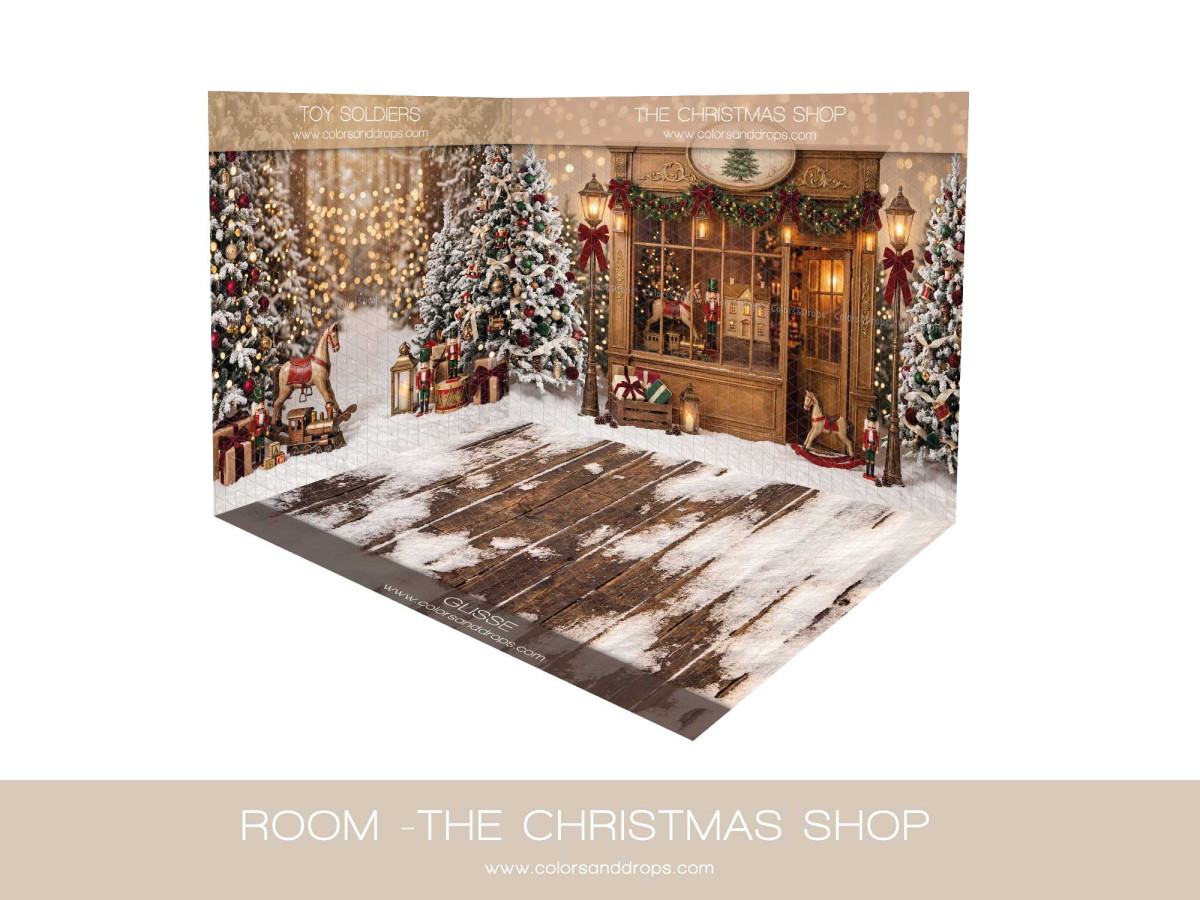 Fond photo d'angle The Christmas Shop – boutique de Noël en coin avec sol bois enneigé | Colors&Drops