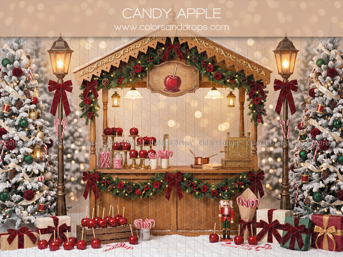 Christmas photo backdrop Candy Apple – Christmas candy apple stand with lamp posts | Colors&Drops