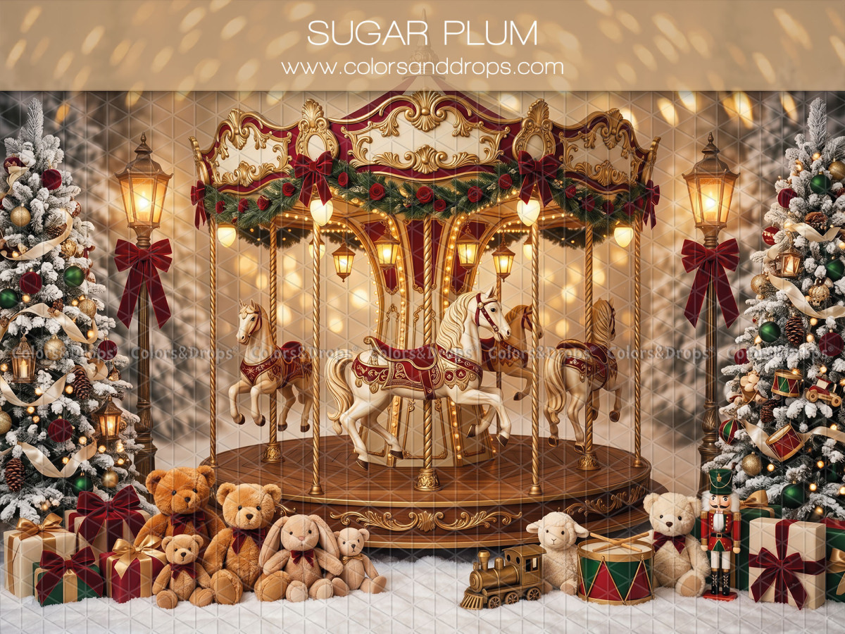 Fond photo de Noël Sugar Plum – carrousel de Noël avec oursons et sapins | Colors&Drops