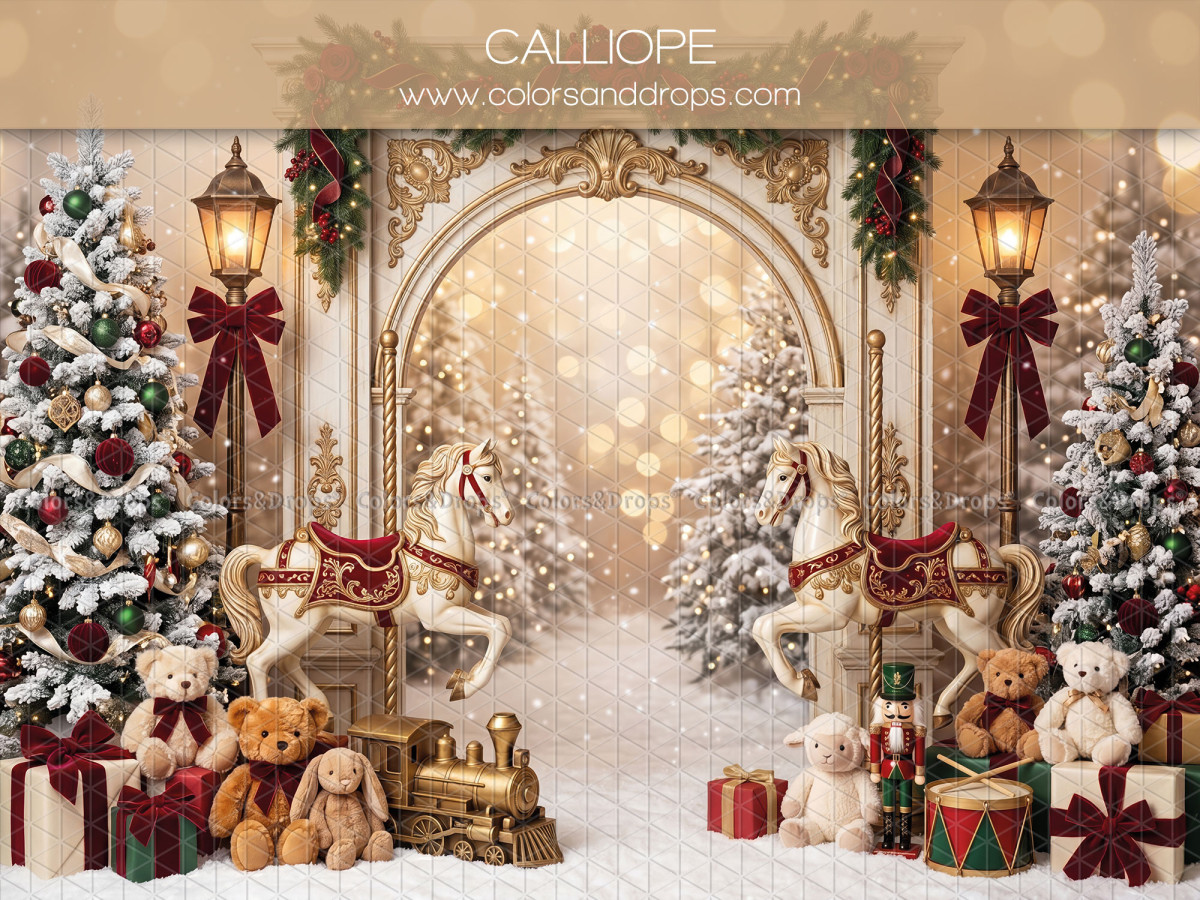 Fond photo de Noël Calliope – arche de Noël avec chevaux de manège et oursons | Colors&Drops