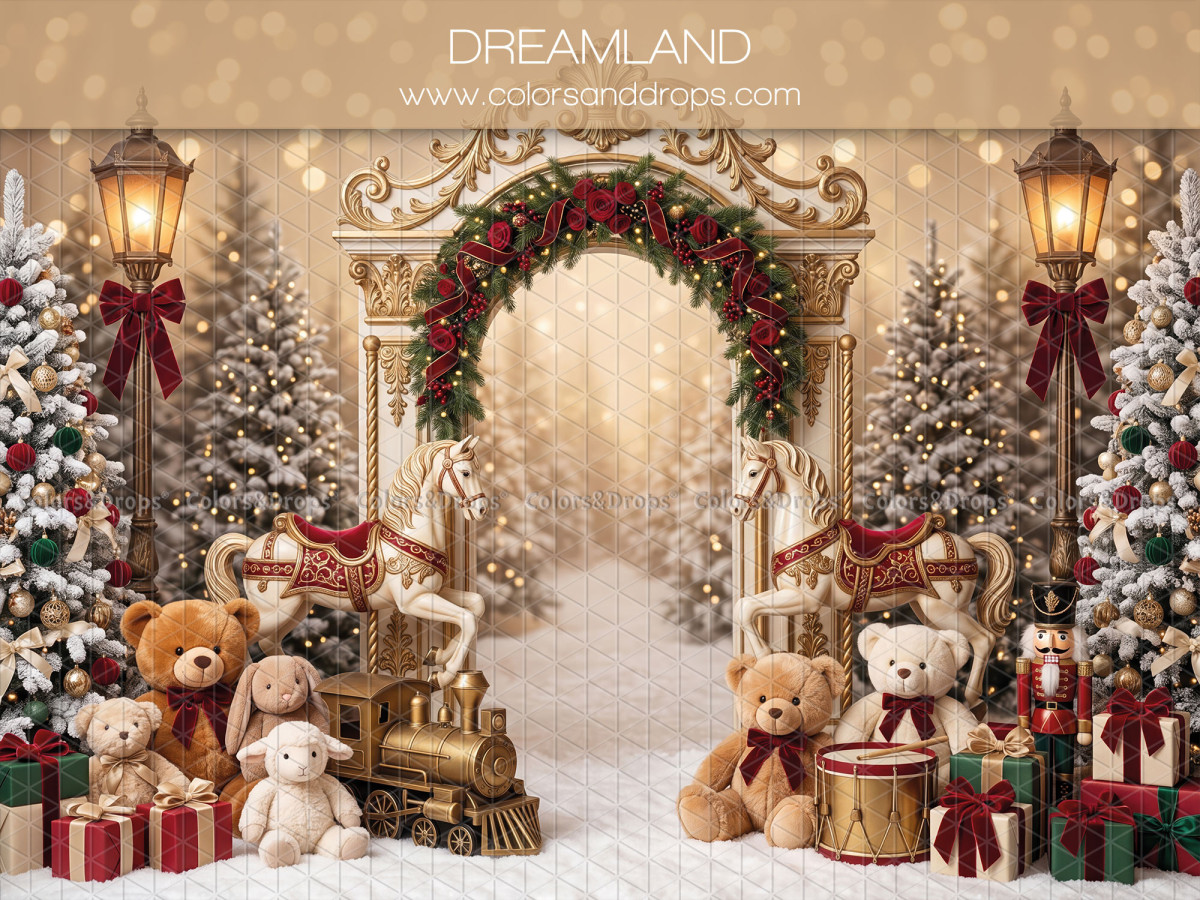 Fond photo de Noël Dreamland – arche de Noël avec couronne, oursons et train | Colors&Drops