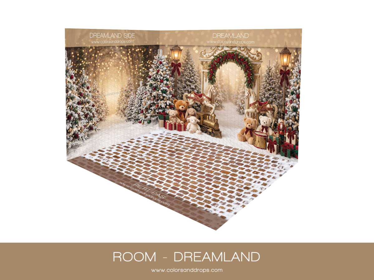 Fond photo d'angle de Noël Dreamland – arche de Noël enchantée en coin avec sol pavé | Colors&Drops