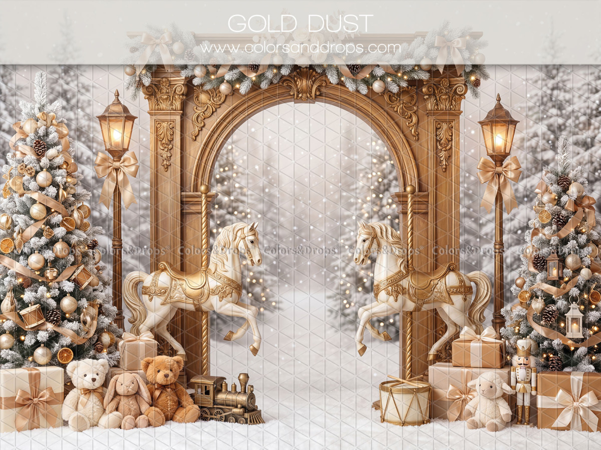 Fond photo de Noël Gold Dust – arche dorée avec chevaux de manège et oursons | Colors&Drops