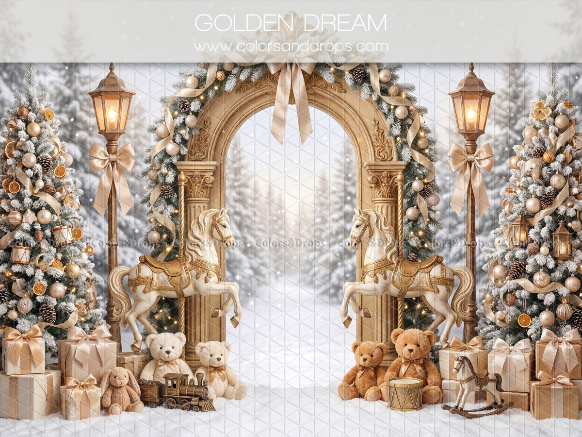 Fond photo de Noël Golden Dream – arche dorée avec guirlande, chevaux et cadeaux | Colors&Drops