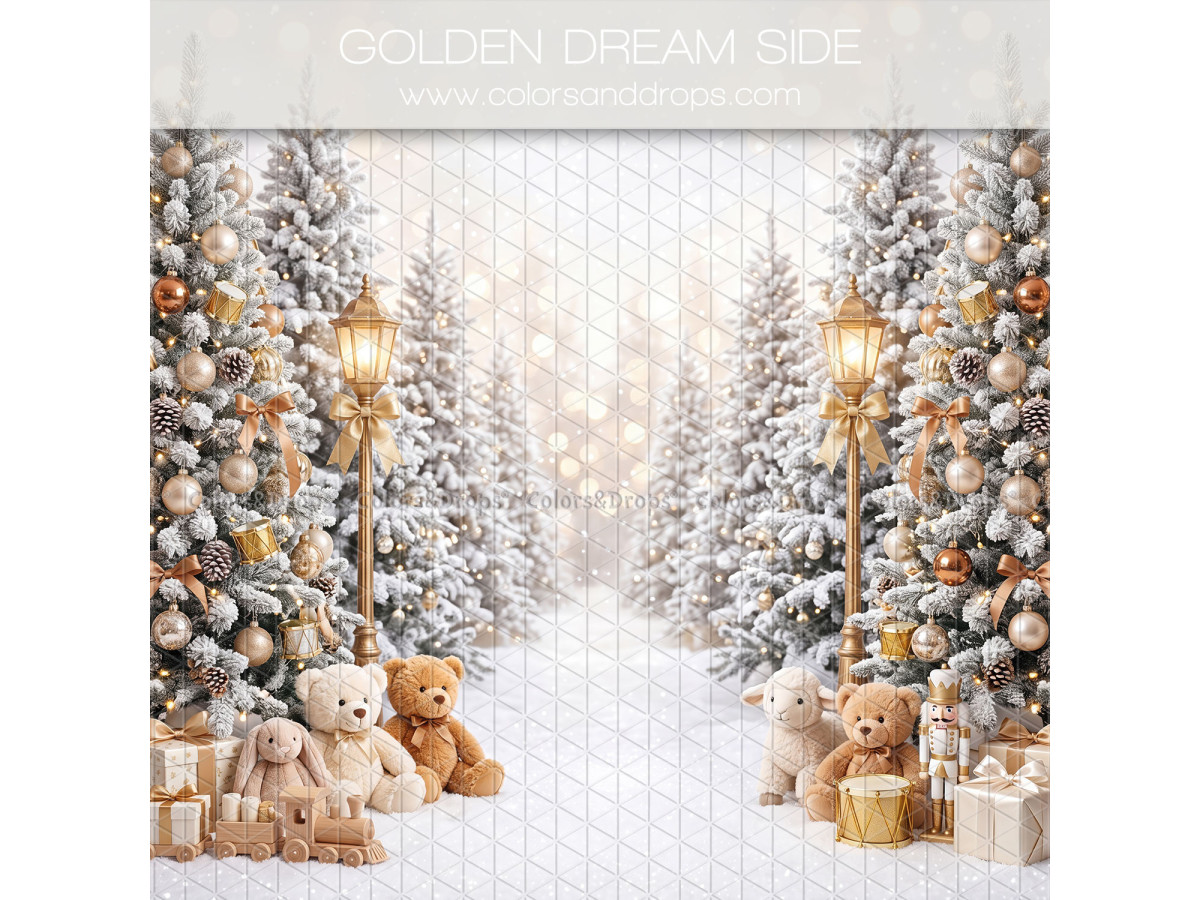 Fond photo latéral de Noël Golden Dream Side – allée de sapins dorés avec lampadaires et oursons | Colors&Drops