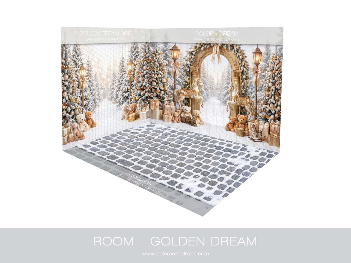 Fond photo d'angle de Noël Golden Dream – arche dorée de Noël en coin avec sol pavé gris | Colors&Drops