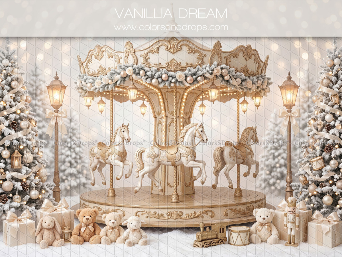 Fond photo de Noël Vanillia Dream – carrousel crème et doré en forêt enneigée | Colors&Drops