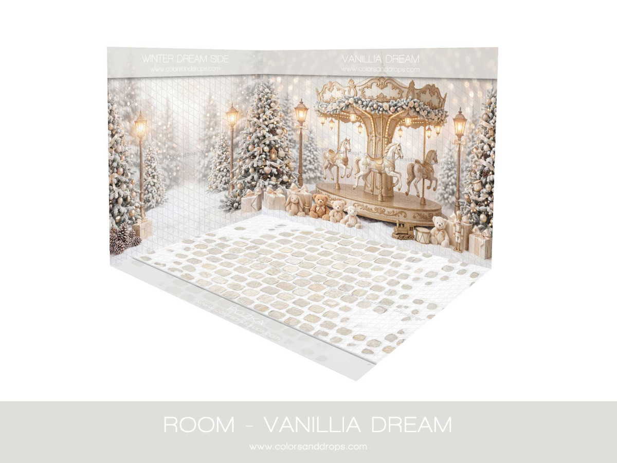 Fond photo d'angle de Noël Vanillia Dream – carrousel enneigé en coin avec sol pavé blanc | Colors&Drops