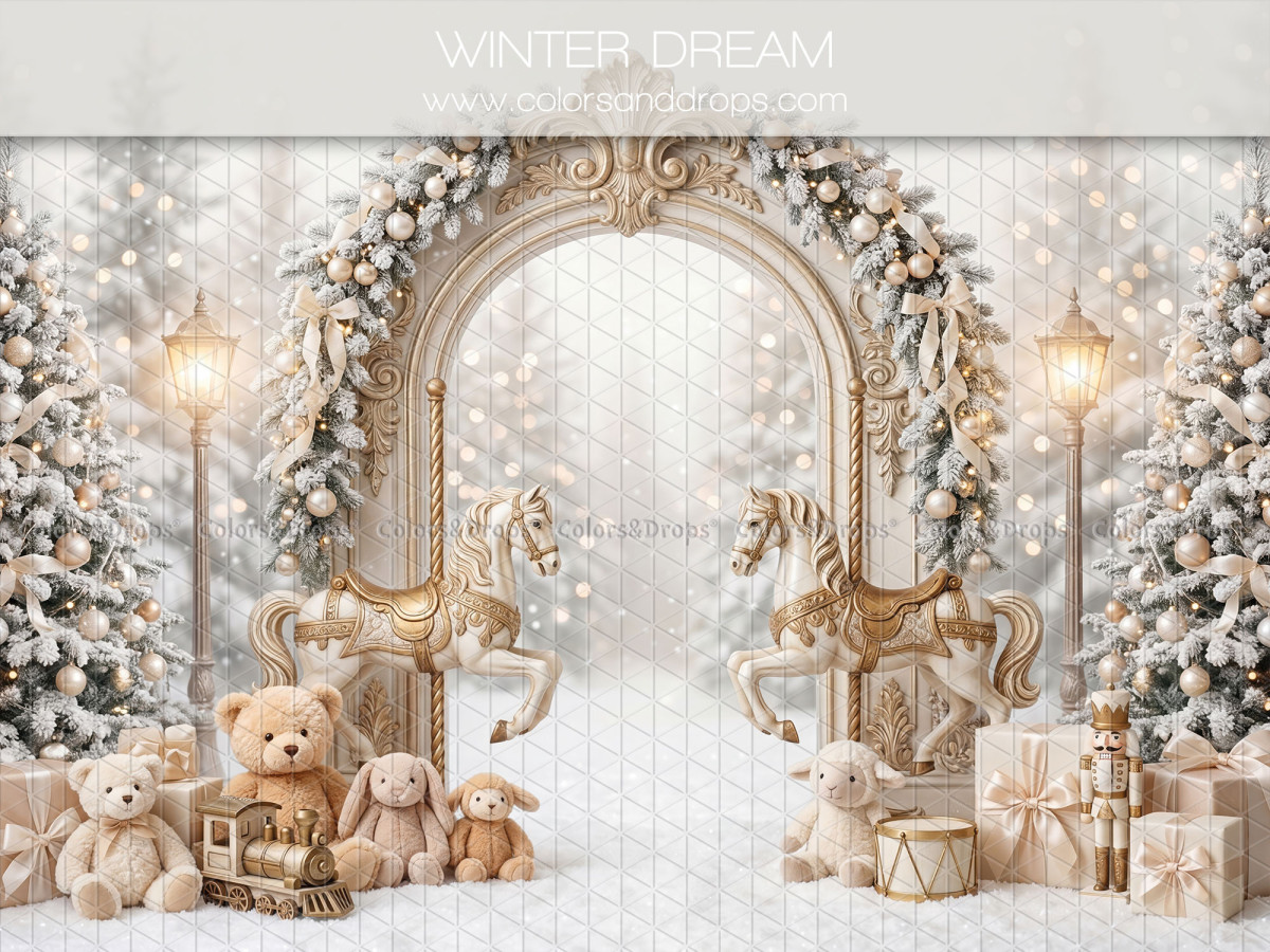 Fond photo de Noël Winter Dream – arche enneigée avec chevaux de manège et oursons | Colors&Drops