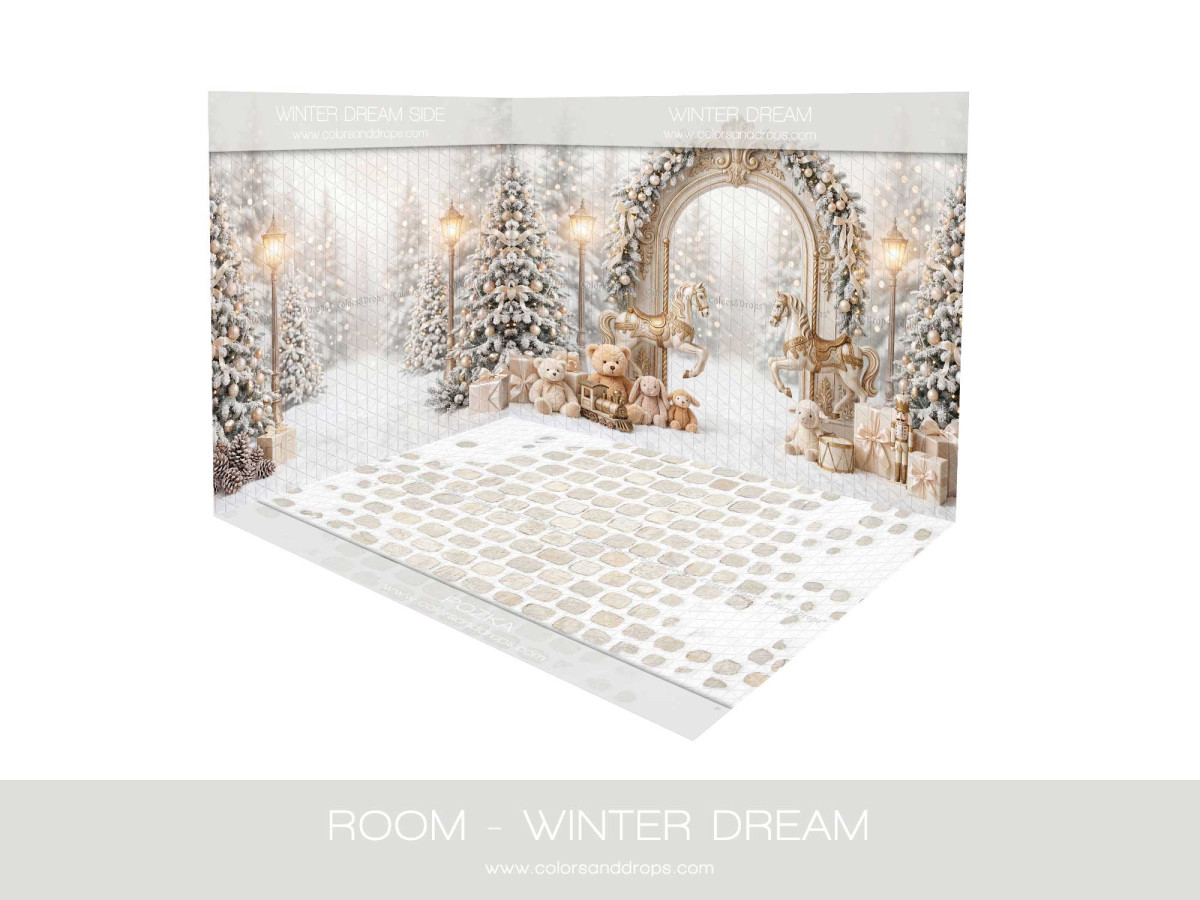 Fond photo d'angle de Noël Winter Dream – arche de Noël enneigée en coin avec sol pavé blanc | Colors&Drops