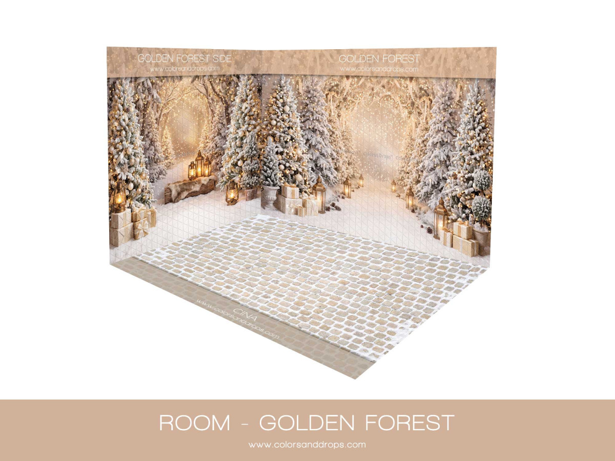 Fond photo d'angle de Noël Golden Forest – forêt dorée enneigée en coin avec sol blanc | Colors&Drops
