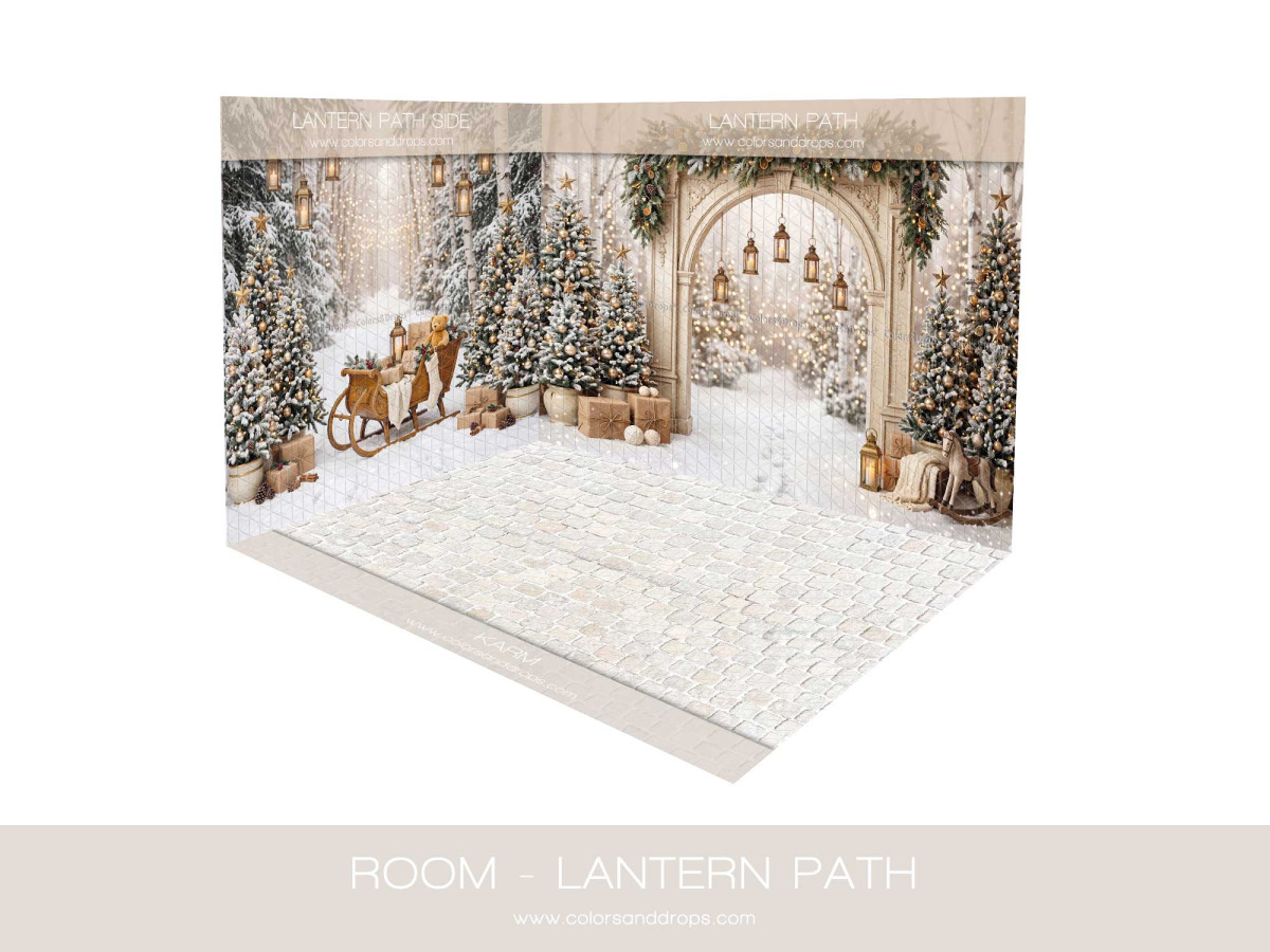 Fondo fotográfico de esquina Room Noël Lantern Path – camino de faroles nevado en esquina con suelo blanco | Colors&Drops