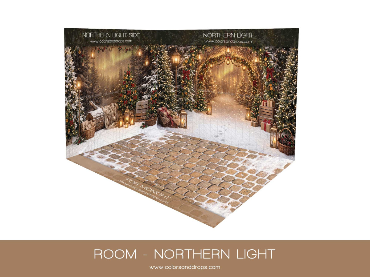 Fond photo d'angle de Noël Northern Light – forêt aurore boréale en coin avec sol pavé | Colors&Drops