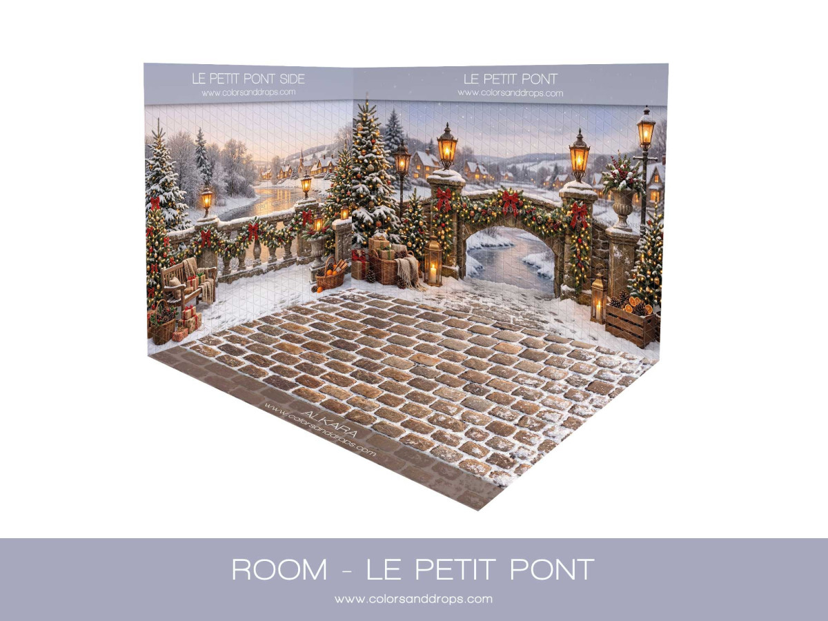 Fondo fotográfico de esquina de Navidad Le Petit Pont – pequeño puente nevado en esquina con suelo adoquinado | Colors&Drops