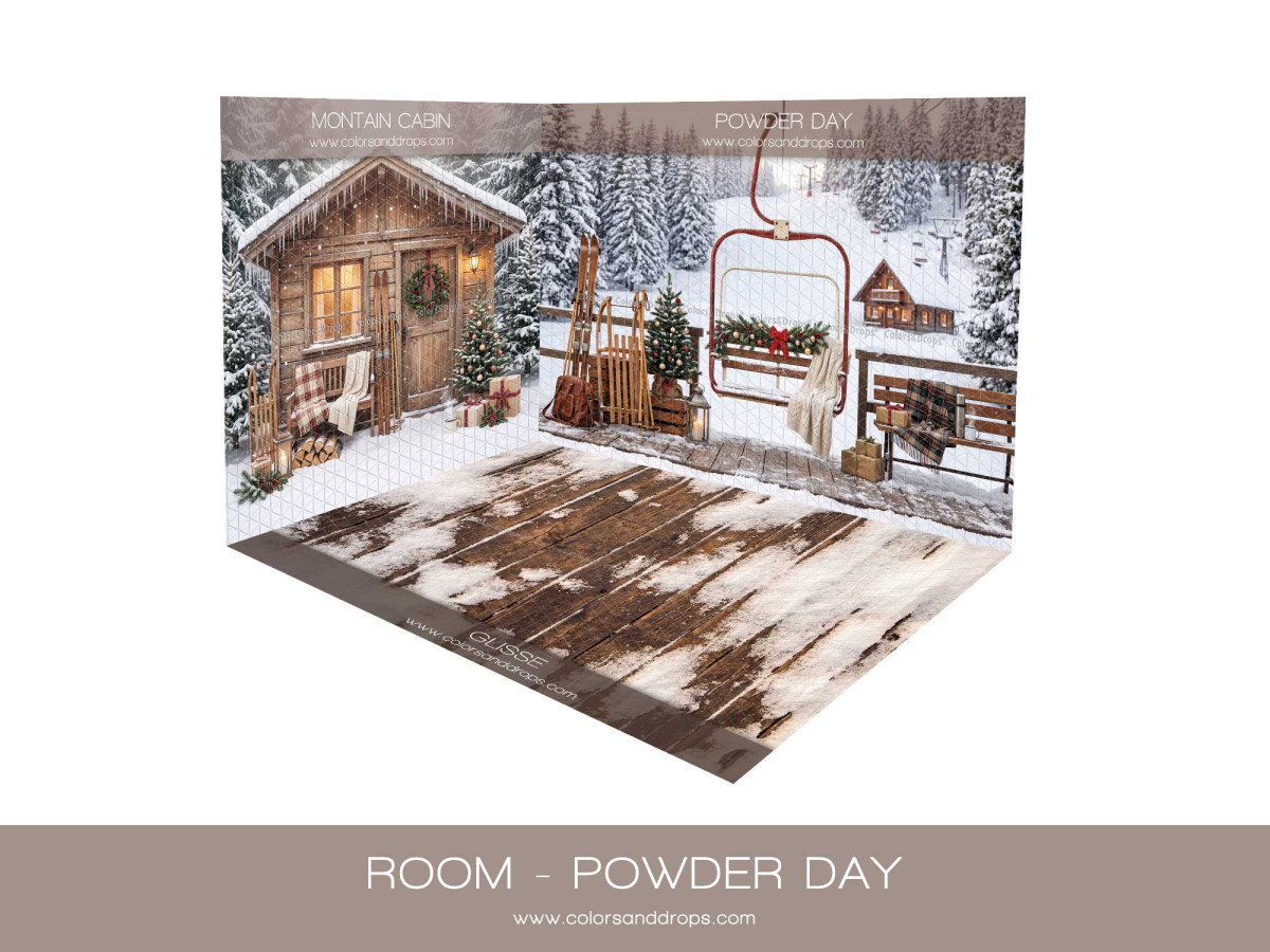 Fond photo d'angle de Noël Powder Day – chalet et télésiège enneigés en coin avec sol bois | Colors&Drops