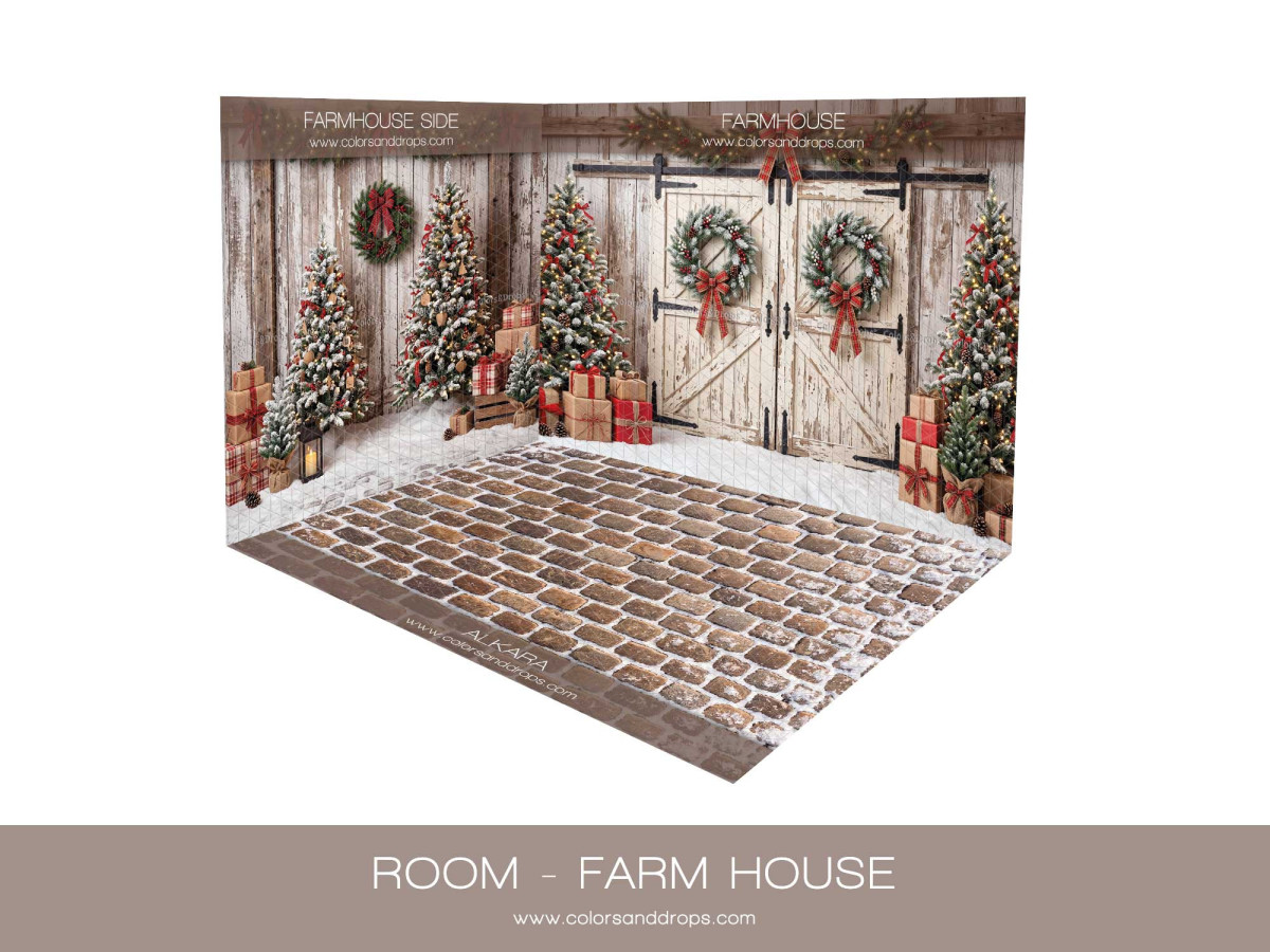 Fond photo d'angle de Noël Farm House – grange de Noël en coin avec sol en brique | Colors&Drops