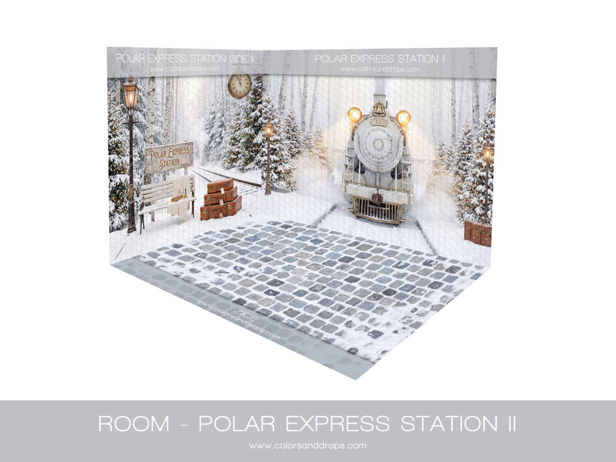 Fond photo d'angle de Noël Polar Express Station II – gare enneigée avec locomotive en coin et sol pavé | Colors&Drops