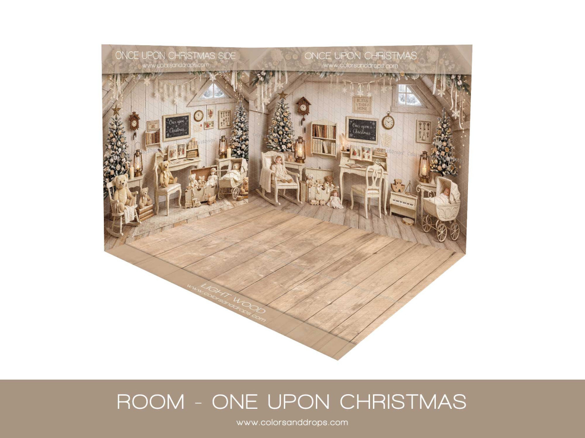 Fond photo d'angle Once Upon Christmas – grenier de Noël crème en coin avec parquet | Colors&Drops