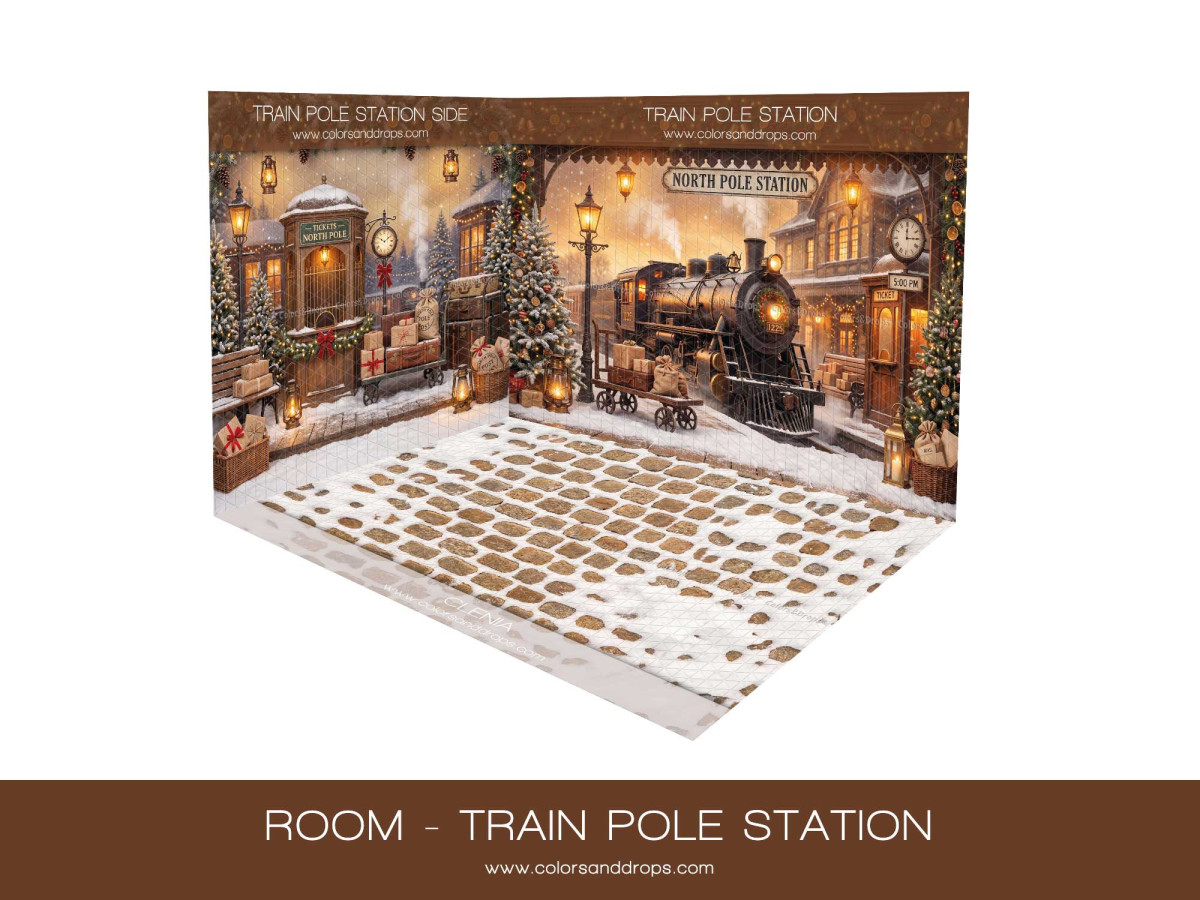 Fondo fotográfico de esquina de Navidad Train Pole Station – estación del Polo Norte en esquina con andén nevado | Colors&Drops