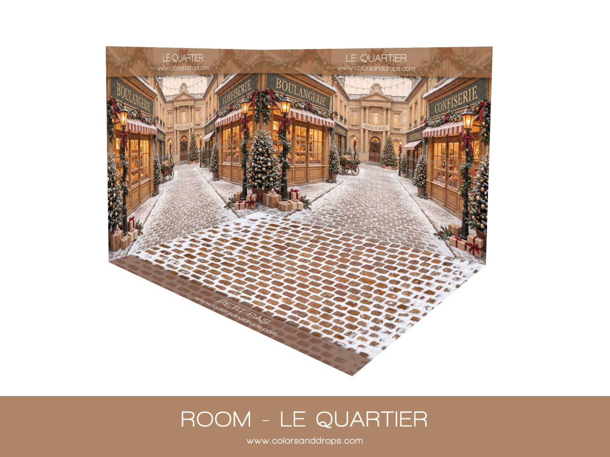 Fondo fotográfico de esquina de Navidad Le Quartier – barrio navideño en esquina con suelo adoquinado nevado | Colors&Drops