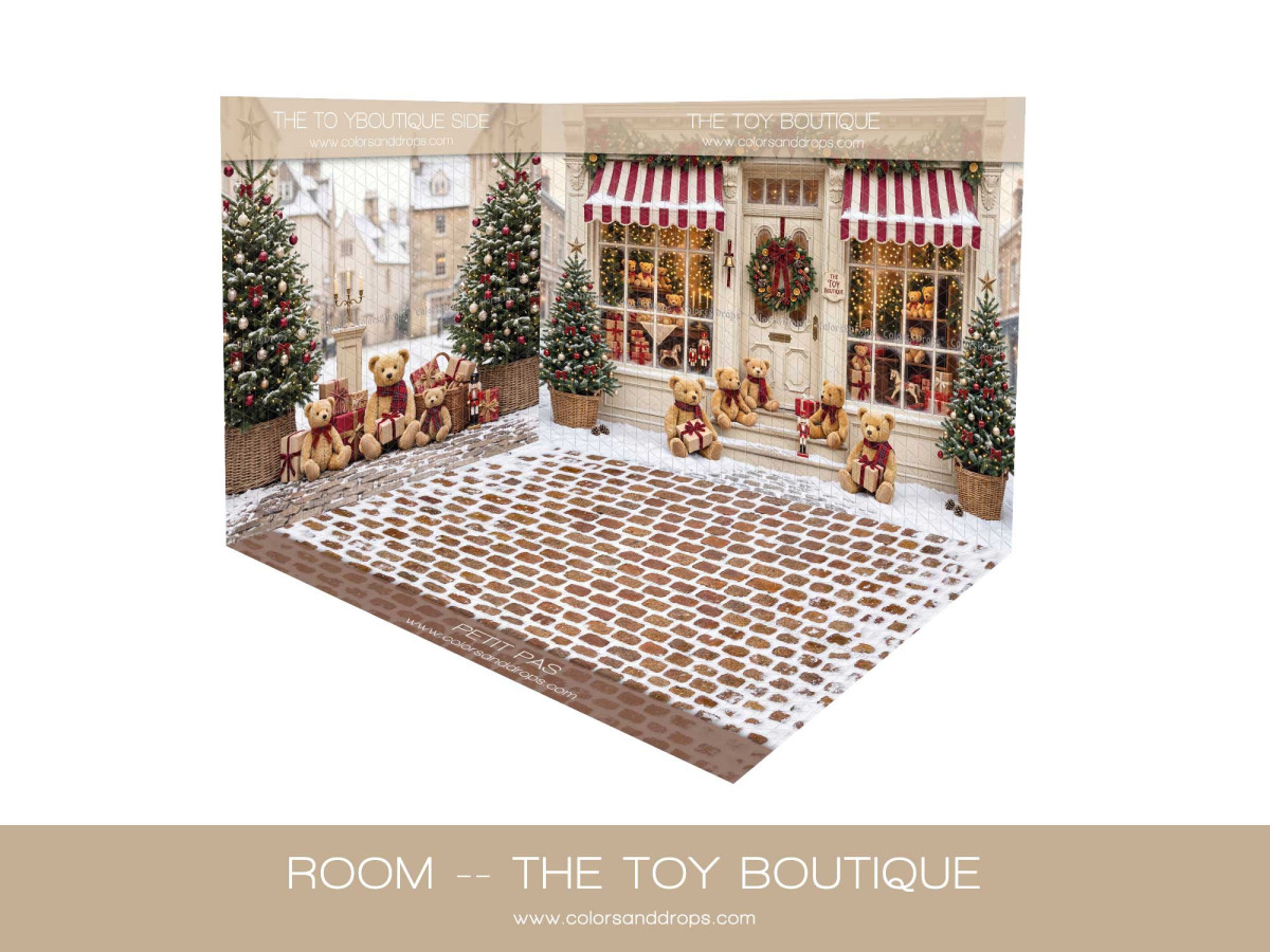Fond photo d'angle de Noël The Toy Boutique – boutique de jouets de Noël en coin avec sol pavé | Colors&Drops