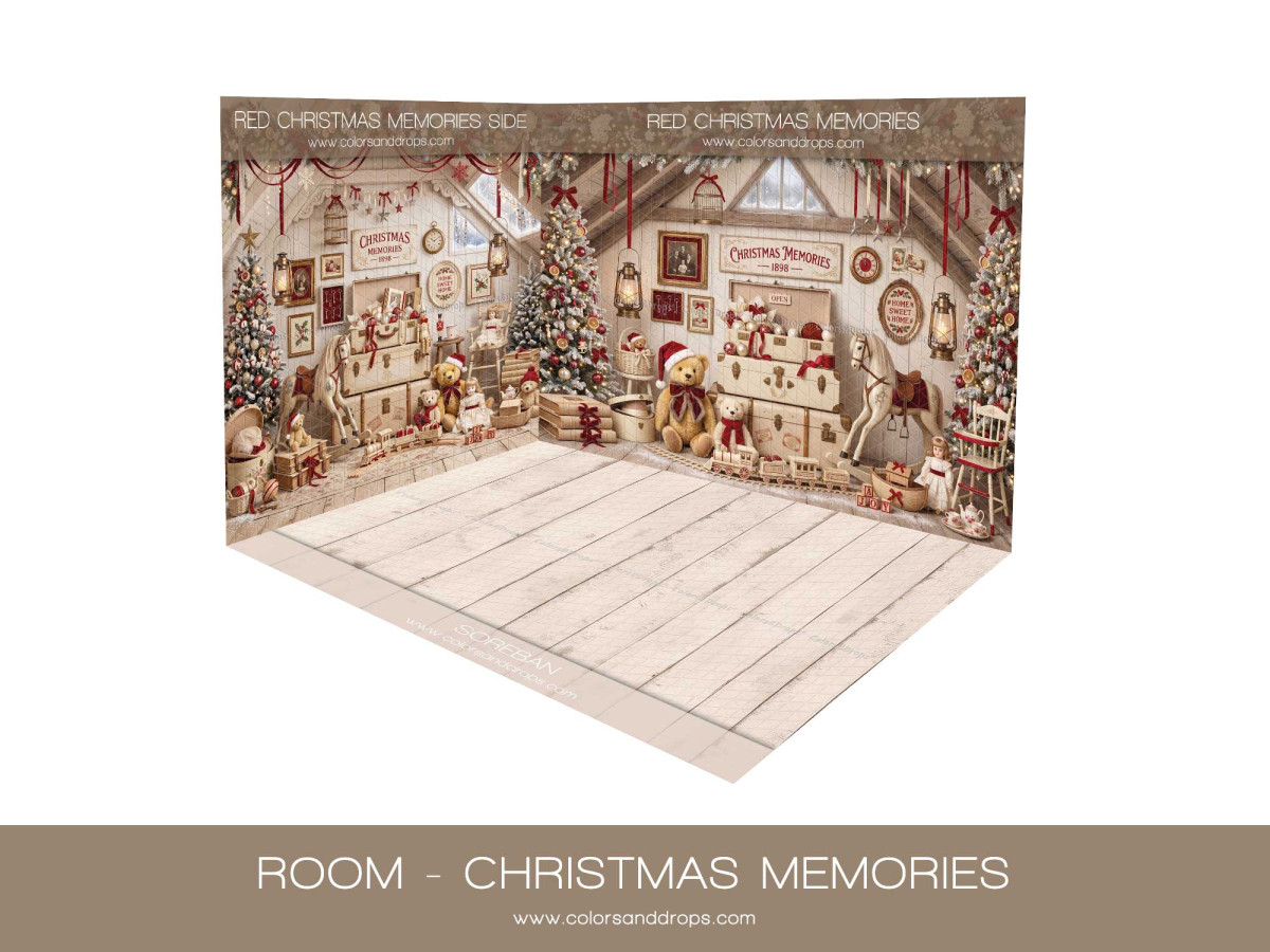 Fond photo d'angle Red Christmas Memories – grenier de Noël en coin avec parquet clair | Colors&Drops