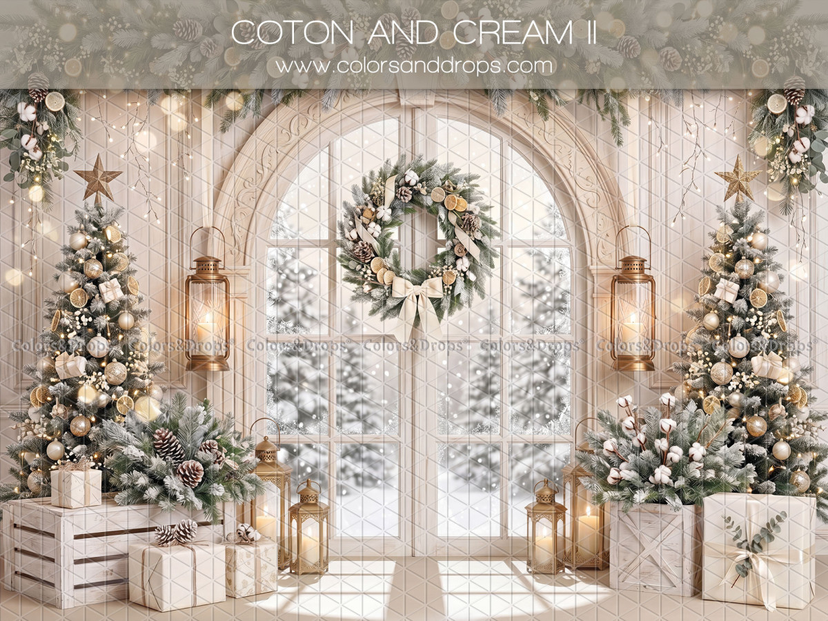 Christmas photo backdrop Cotton and Cream II – arched French door with wreath and gift crates | Colors&Drops